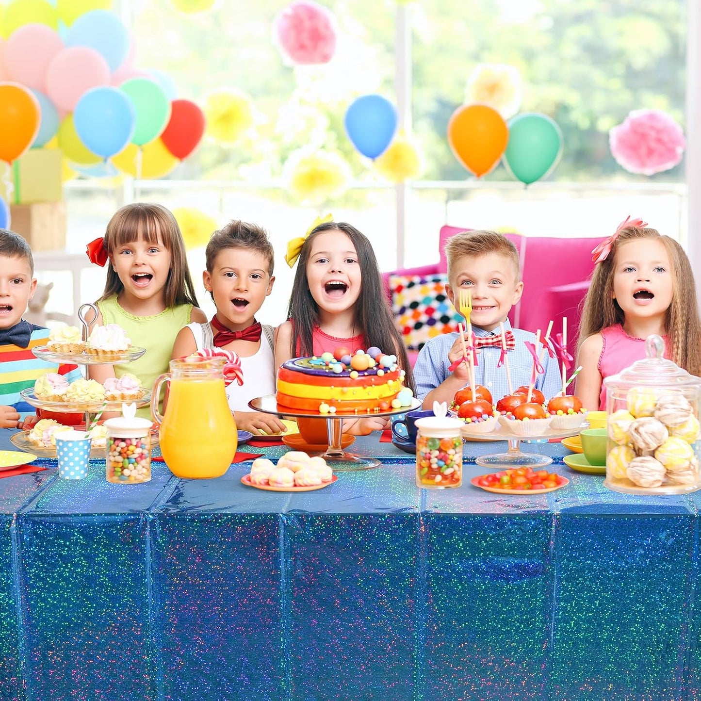 6 Pack Iridescent Blue Plastic Tablecloth, Shiny Disposable Laser Rectangle Table Cover, Holographic Foil Tablecloth Iridescent Party Decorations for Birthday Wedding Ocean Theme, 54X108Inch