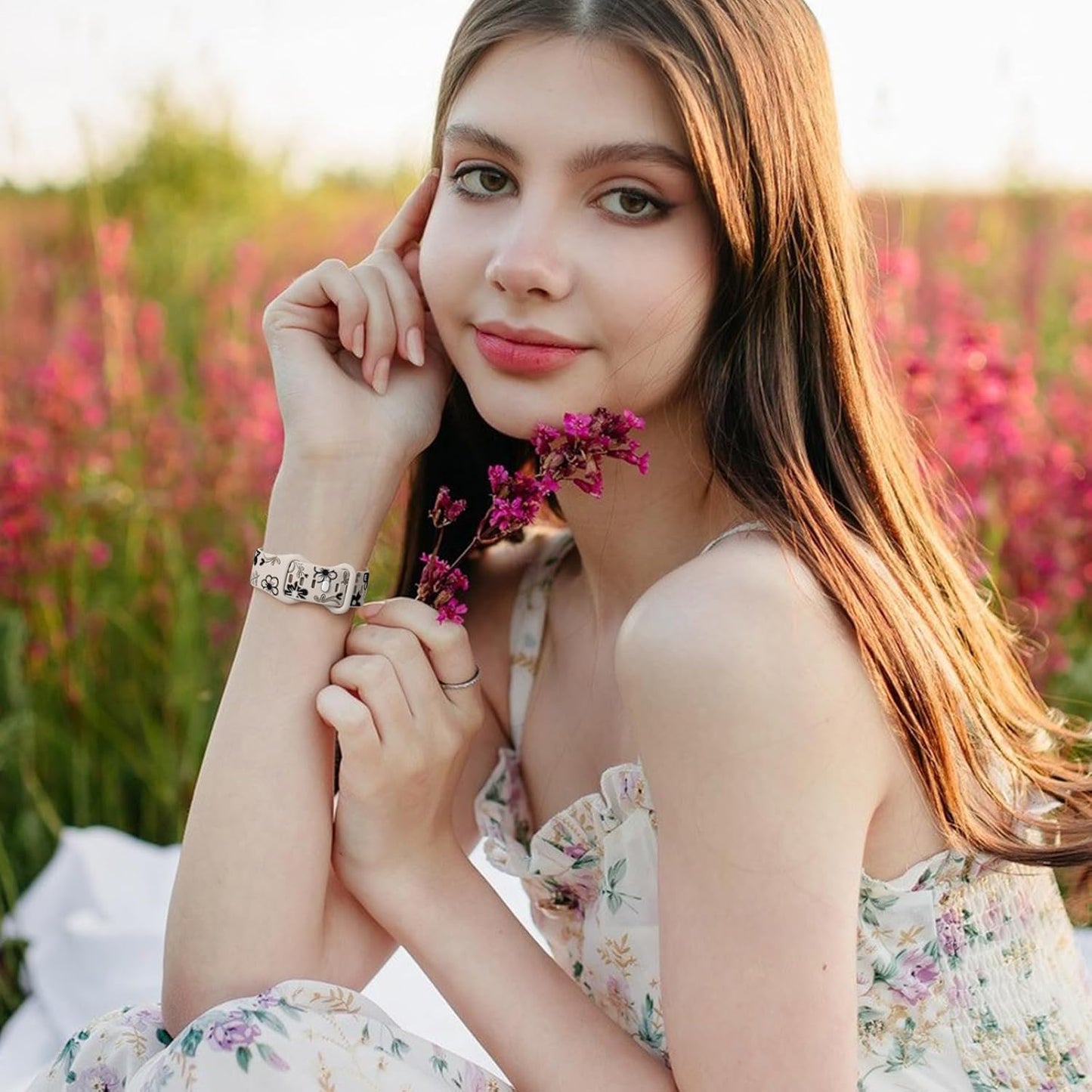 Cute Floral Band Compatible with Apple Watch Bands for Women 42Mm 41Mm 40Mm 38Mm 44Mm 45Mm 46Mm 49Mm, Engraved Flower Soft Silicone Inlay Strap for Iwatch Series 10 9 8 7 6 5 4 3 2 SE Ultra