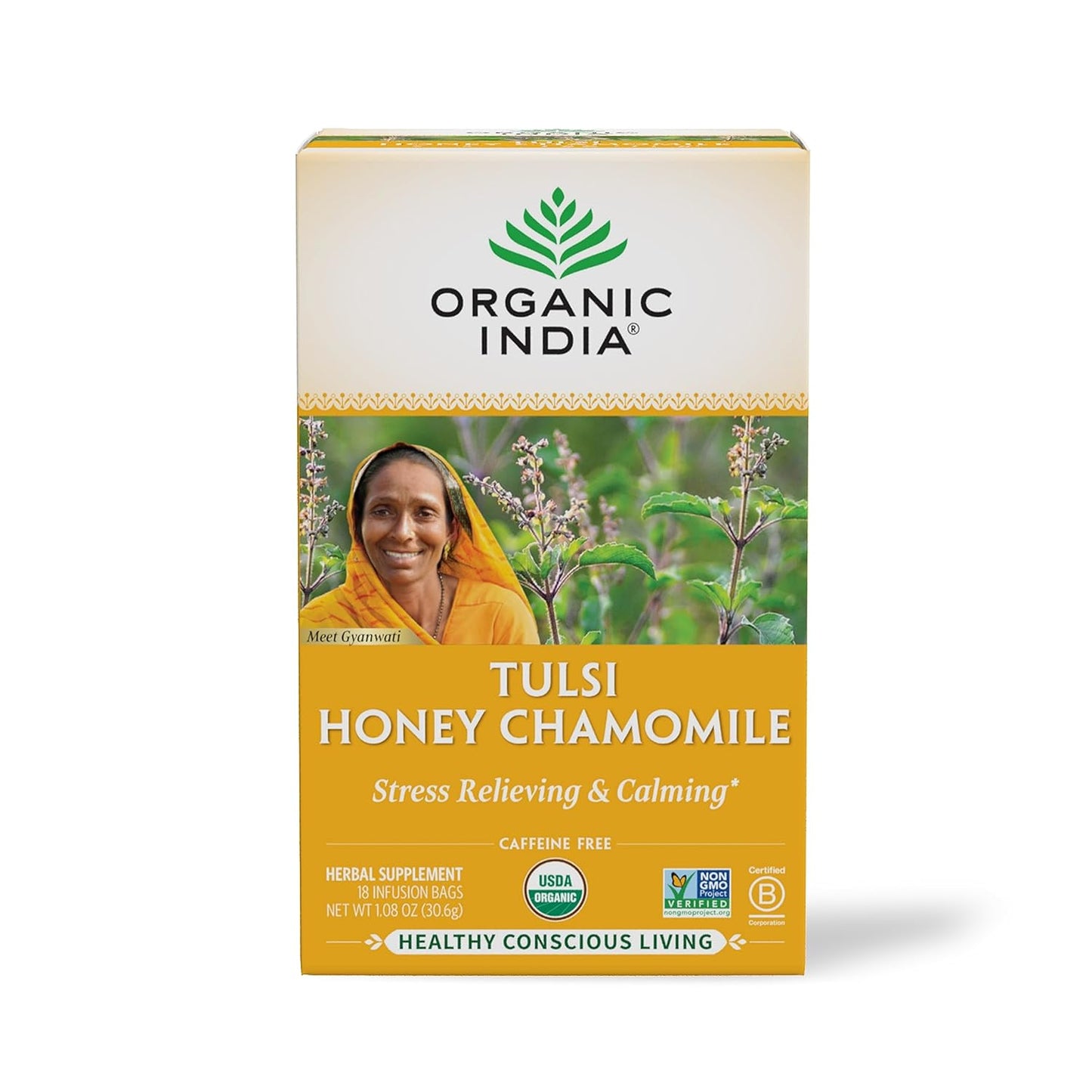Tulsi Green Tea Bags - Holy Basil Tea, African Basil, Stress Relieving, Immune Support, USDA Certified Organic, Premium Darjeeling Green Tea, Caffeinated - 18 Infusion Bags, 1 Pack TLBH