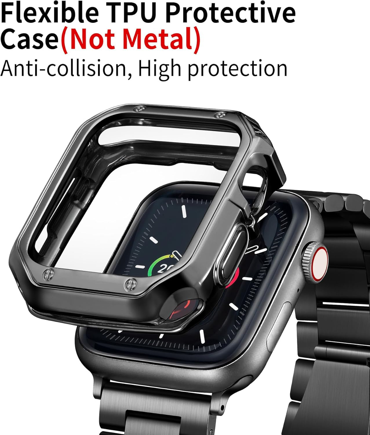 Compatible with Apple Watch Band 49Mm 46Mm 45Mm 44Mm 42Mm 41Mm 40Mm 38Mm Stainless Steel Metal Watch Strap with TPU Watch Case Compatible with Iwatch Series Ultra/10/9/8/7/Se2/Se/6/5/4/3/2/1
