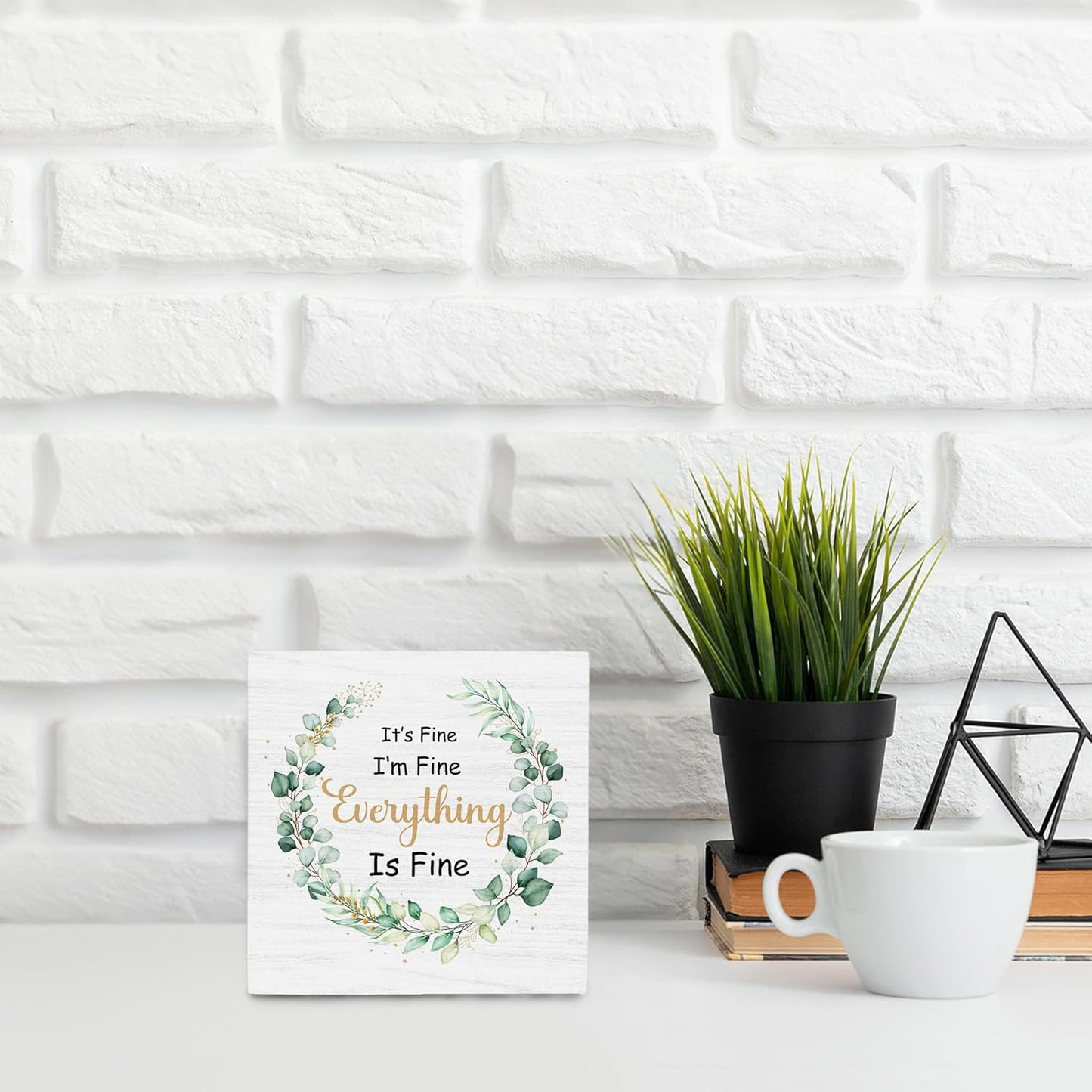 Inspirational Desk Decor,It'S Fine I'M Fine Everything Is Fine Wood Box Sign Desk Decor,Inspirational Wood Box Sign Block Plaque for Home Office Shelf Table Decor