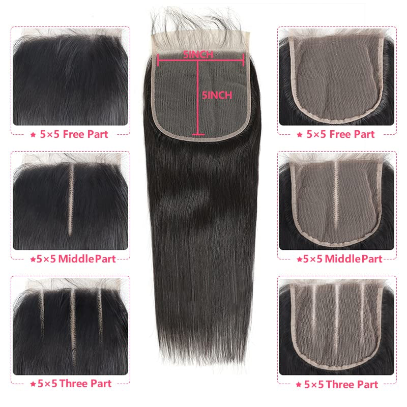 5X5 Lace Closure Human Hair Transparent Lace Frontal Closure Pre Plucked with Baby Hair 100% Brazilian Virgin Hair 12 Inch 150% Density Free Part No Split Closure Natural Color (12 Inch)