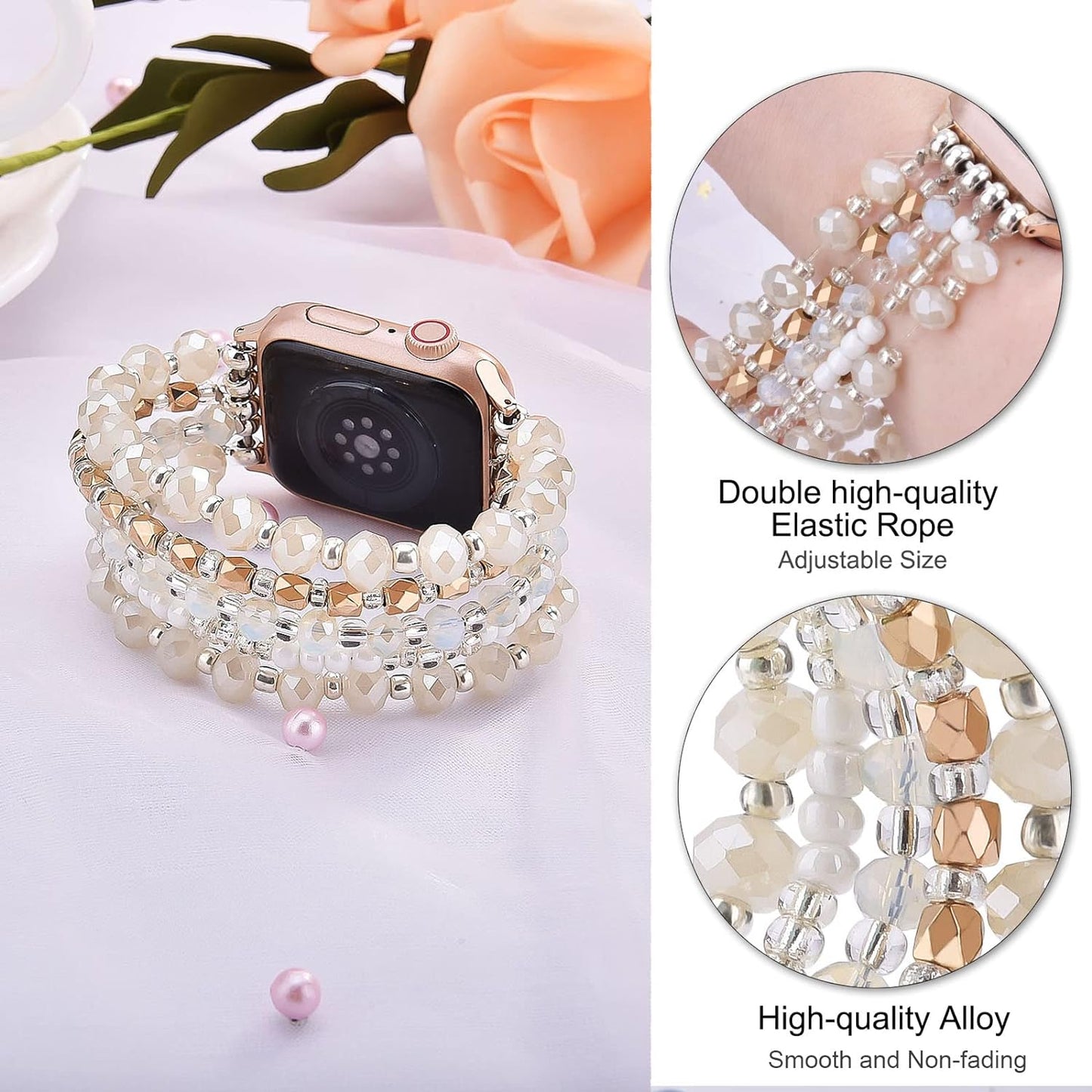 Beaded Bracelet Compatible for Apple Watch Band 40Mm/38Mm/41Mm Series 9 8 7 SE Series 6/5/4 Women Fashion Cute Handmade Pearl Beads Stretchy Watch Strap for Iwatch Bands Series 3/2/1