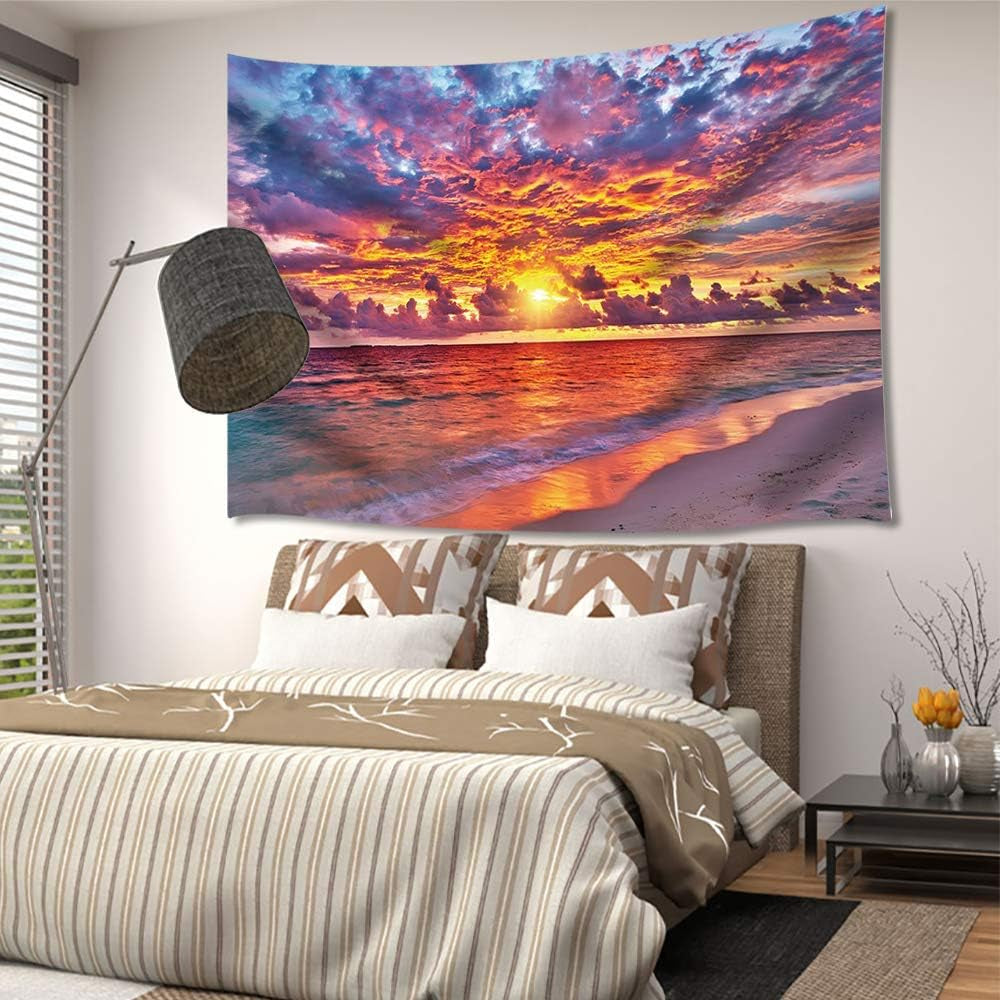 Tropical Ocean Sunset Sea Landscape Tapestry Wall Hanging Decoration, Purple Clouds and Gloden Sunshine, Wall Tapestry for Dorm Living Room Bedroom, Wall Blanket Wall Decor Wall Art Home Decor 71X60