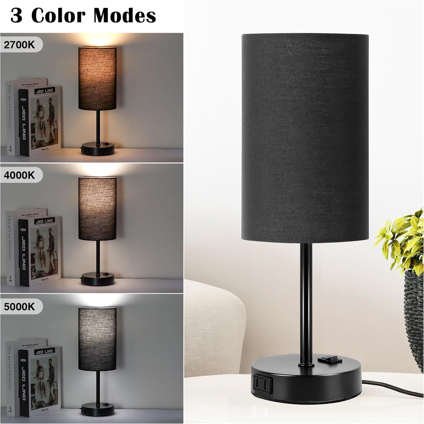 Table Lamp for Bedroom Set of 2, Bedside Small Lamps with 3 Way Dimmable Rocker Switch and AC Outlet, Nightstand Desk Lamp with Black Fabric Shade Black Base for Living Room Home Decor Lights