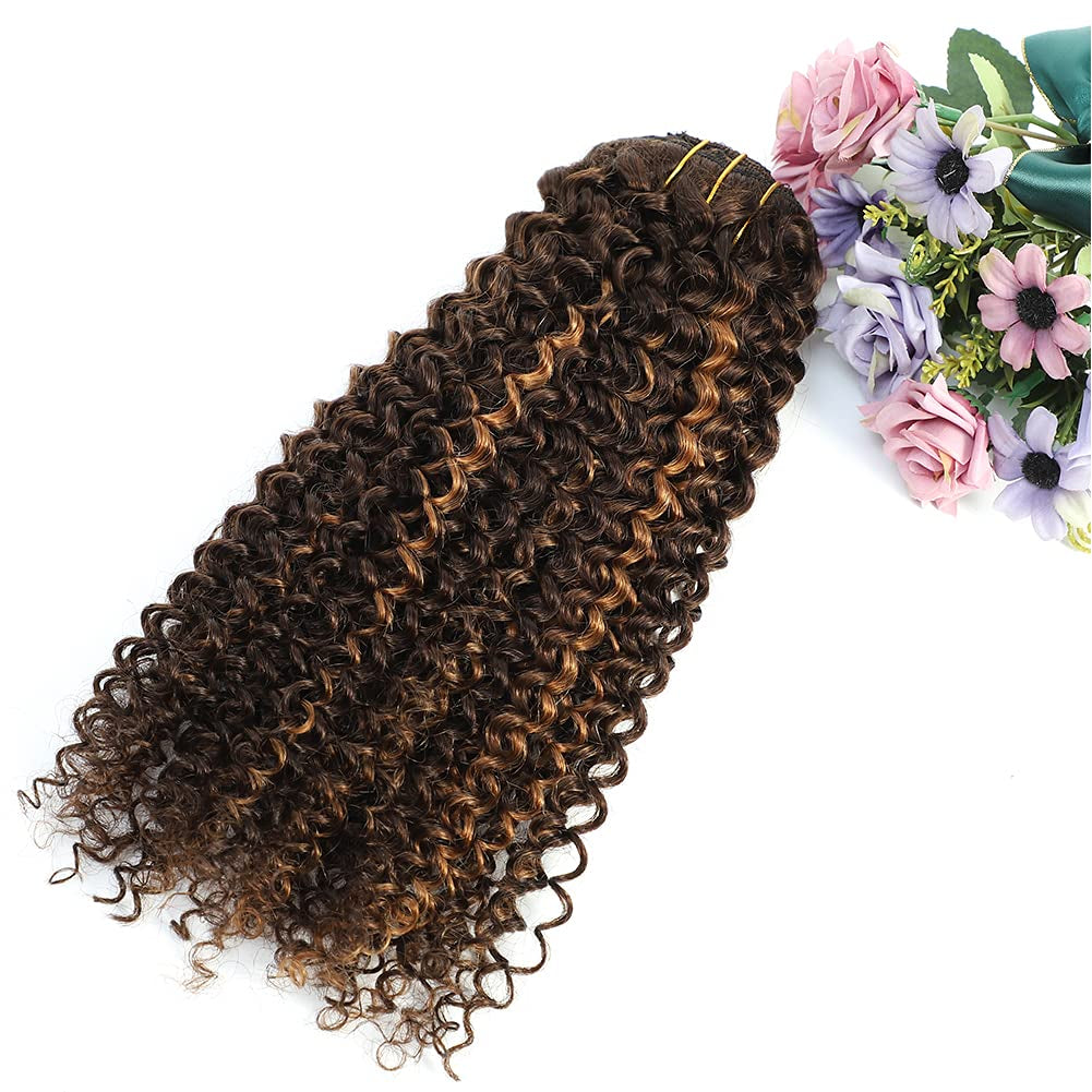 4/30 Kinky Curly 10 Inch 3C 4A Clip in Hair Extensions for Black Women Chocolate Brown Mix Medium Auburn Curly Hair Extensions Clip Ins 10Pcs/Set Full Head 10A Grade
