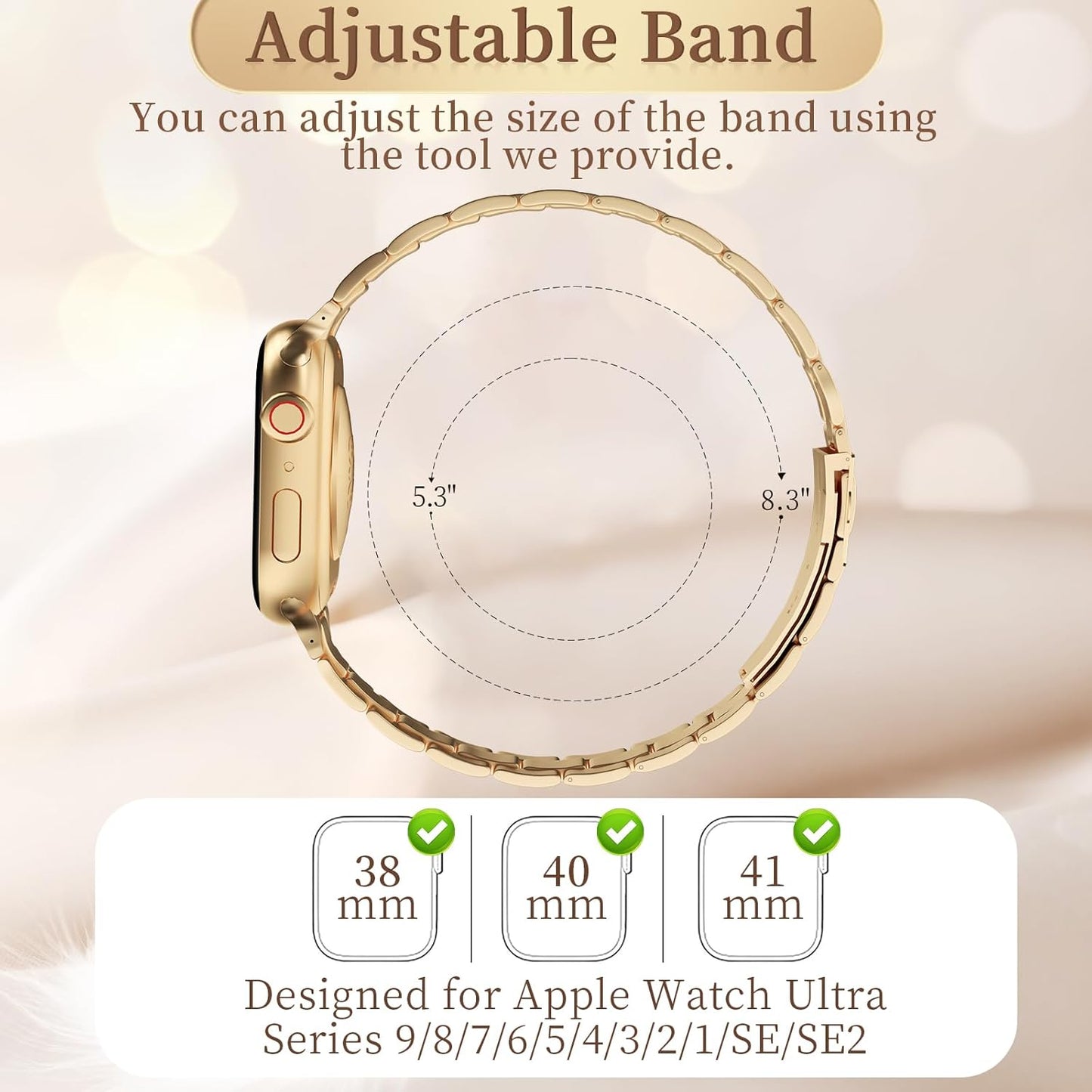 Thin Metal Bands Compatible with Apple Watch Band 38Mm 40Mm 41Mm 42Mm 44Mm 45Mm 46Mm 49Mm, Slim Stainless Steel Wristband Strap for Iwatch Ultra SE Series 10 9 8 7 6 5 4 3 2 1-Rosegold+Silver-Gold