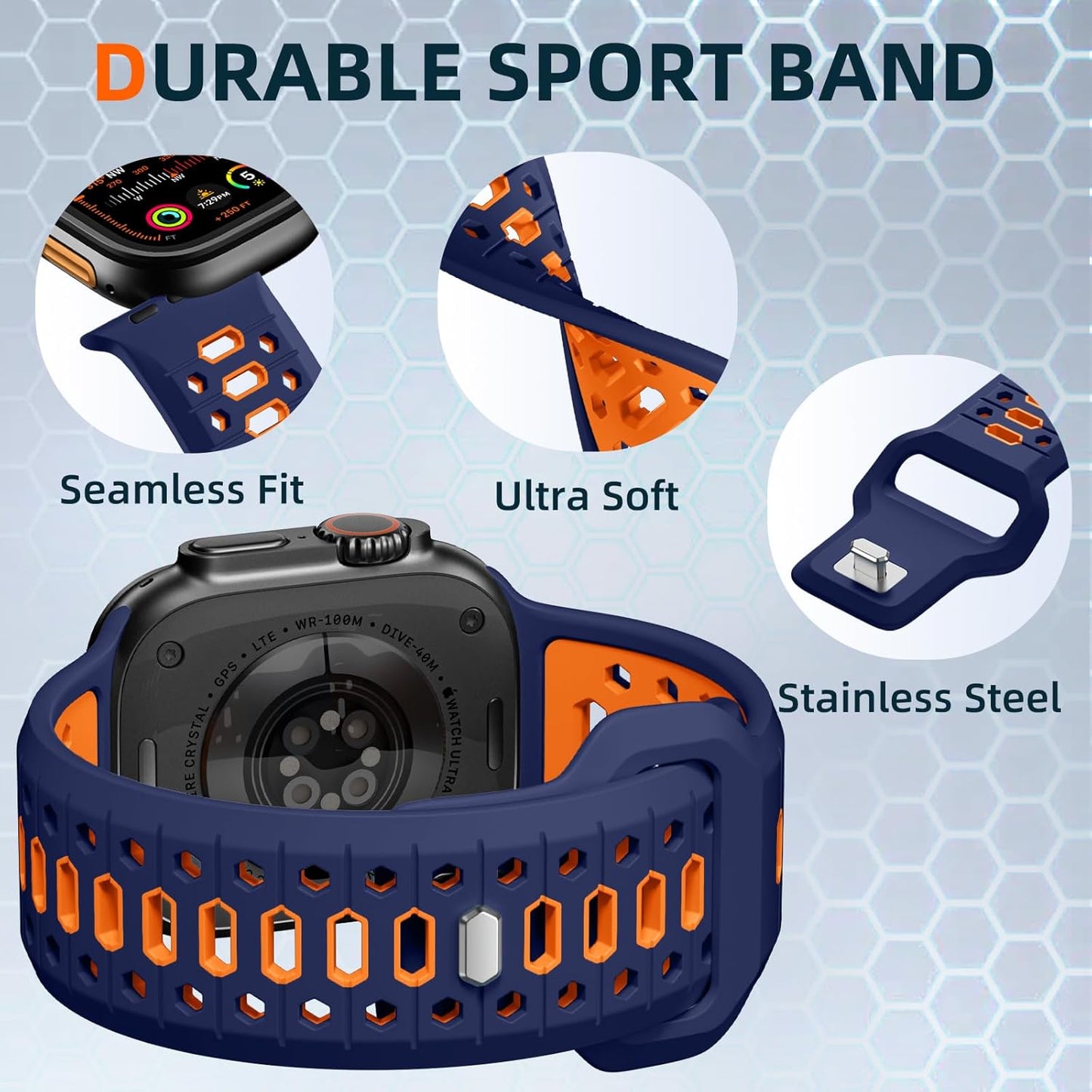 Navy Blue & Orange 26MM Width Breathable Silicone Sport Band Compatible with 49Mm Apple Watch Ultra 2/1, 46Mm Series 10, 45Mm Series 9 8 7, 44Mm Series 6 5 4 SE 2/1, 42Mm Series 3 2 1