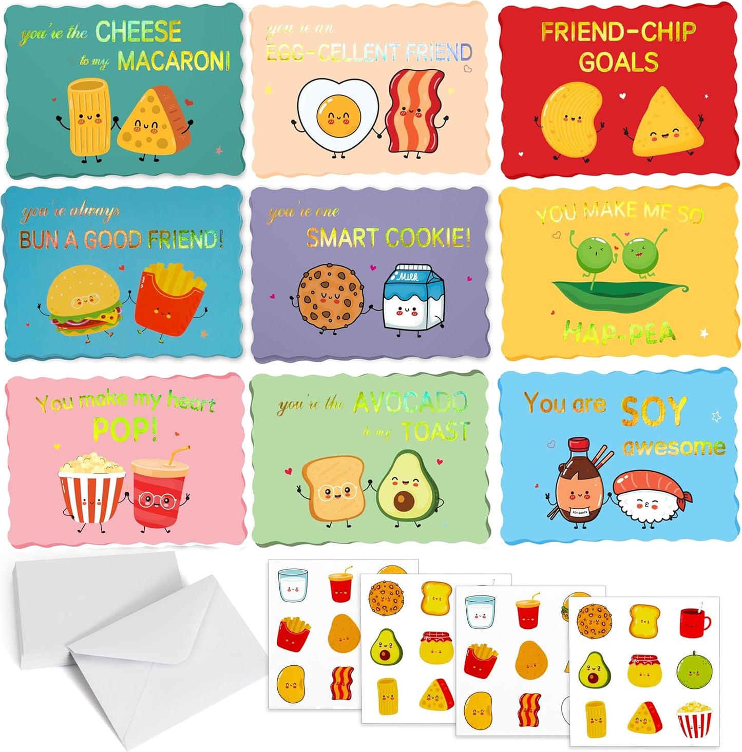 36 Pack Gold Foil Valentines Day Cards for Kids School, 9 Assorted Designs with Envelopes & Cartoon Scented Strawberry Stickers, Great for Boys & Girls Classroom Activities