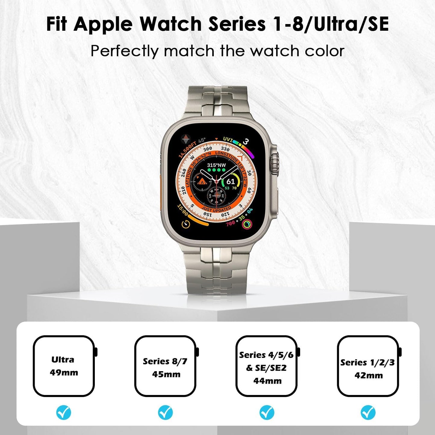 Titanium Band Compatible with Apple Watch 49Mm 45Mm 44Mm 42Mm, Adjustable Sport Strap Wristband for Iwatch Ultra2 Ultra Series 9/8/7/6/5/4/3/2/1/SE with Butterfly Buckle for Men, Titanium