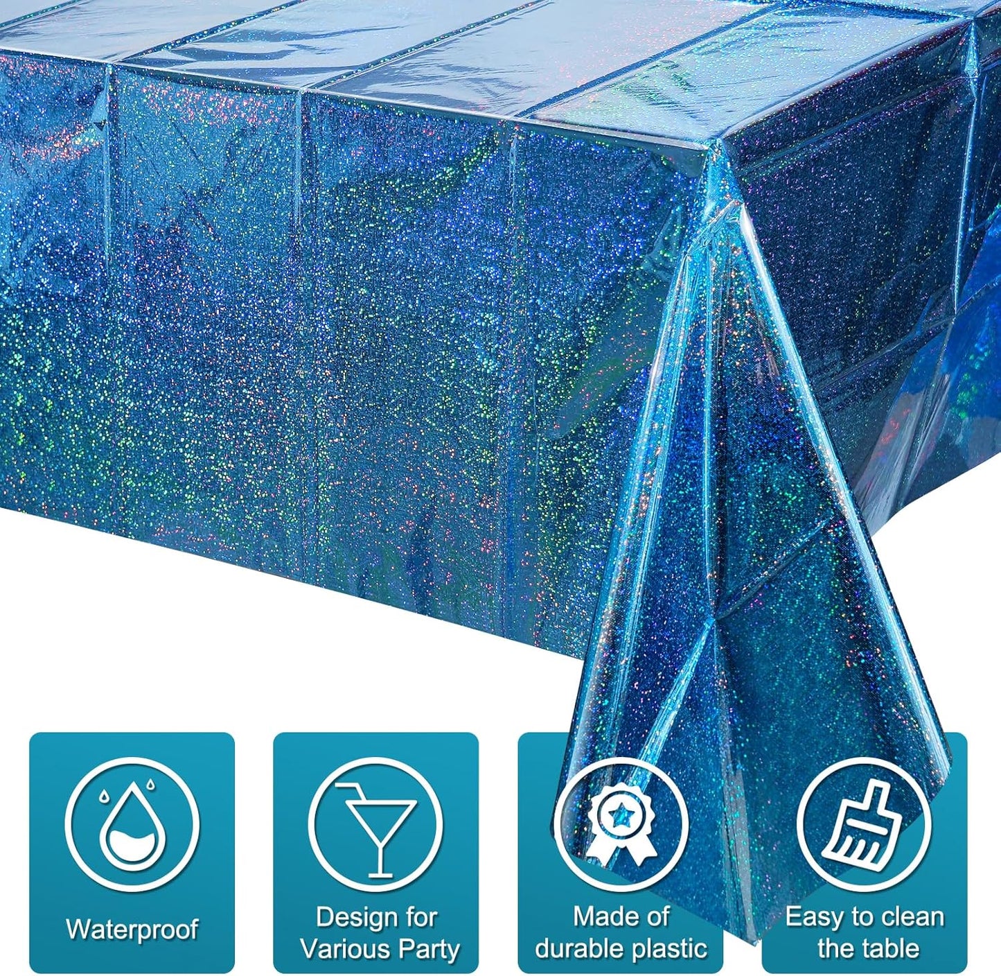 6 Pack Iridescent Blue Plastic Tablecloth, Shiny Disposable Laser Rectangle Table Cover, Holographic Foil Tablecloth Iridescent Party Decorations for Birthday Wedding Ocean Theme, 54X108Inch