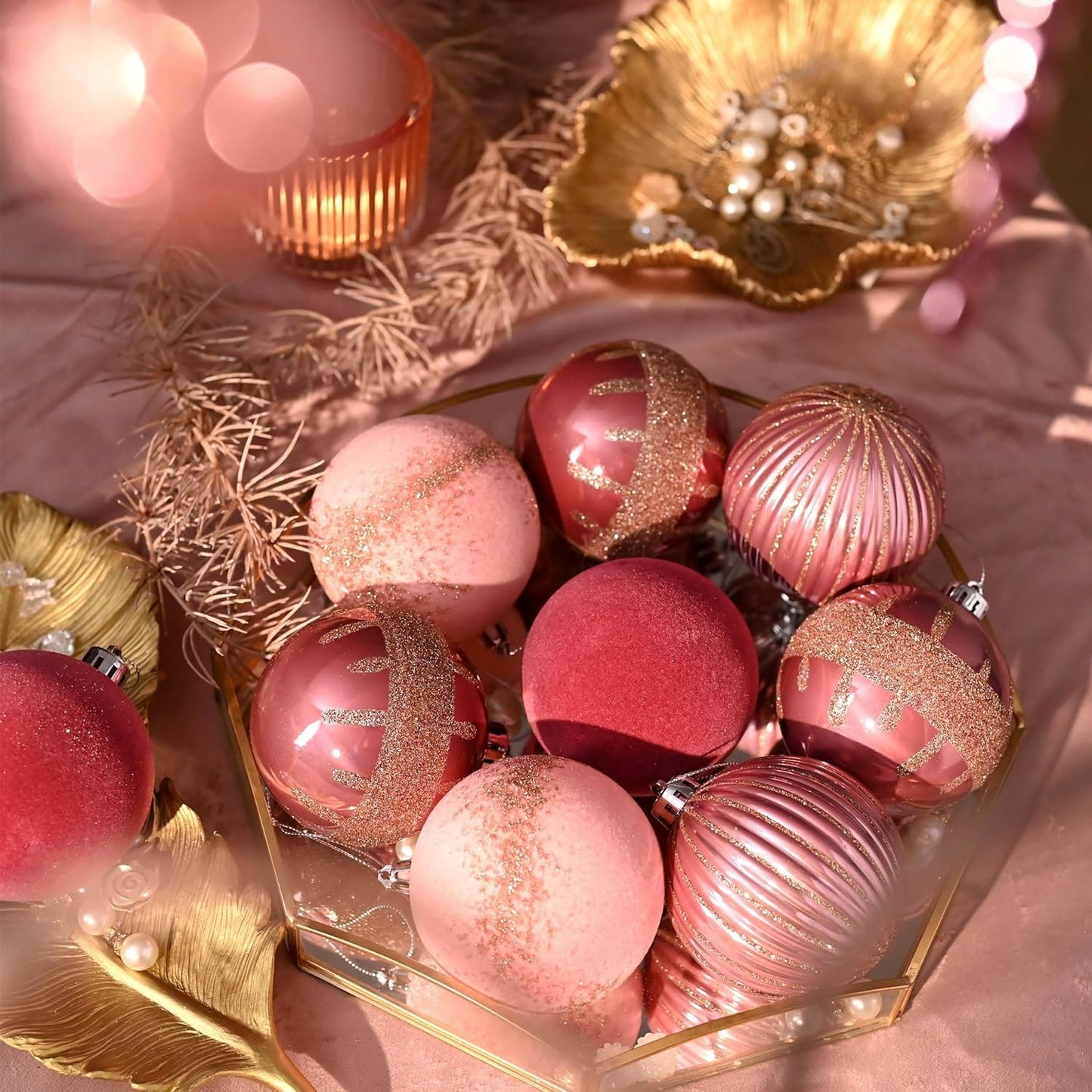 Christmas Ornaments, 9Ct 80Mm Large Pink Gold Christmas Tree Decorations, Shatterproof Decorative Velvet Ball Ornaments for Christmas Tree, Valentines Day Decor