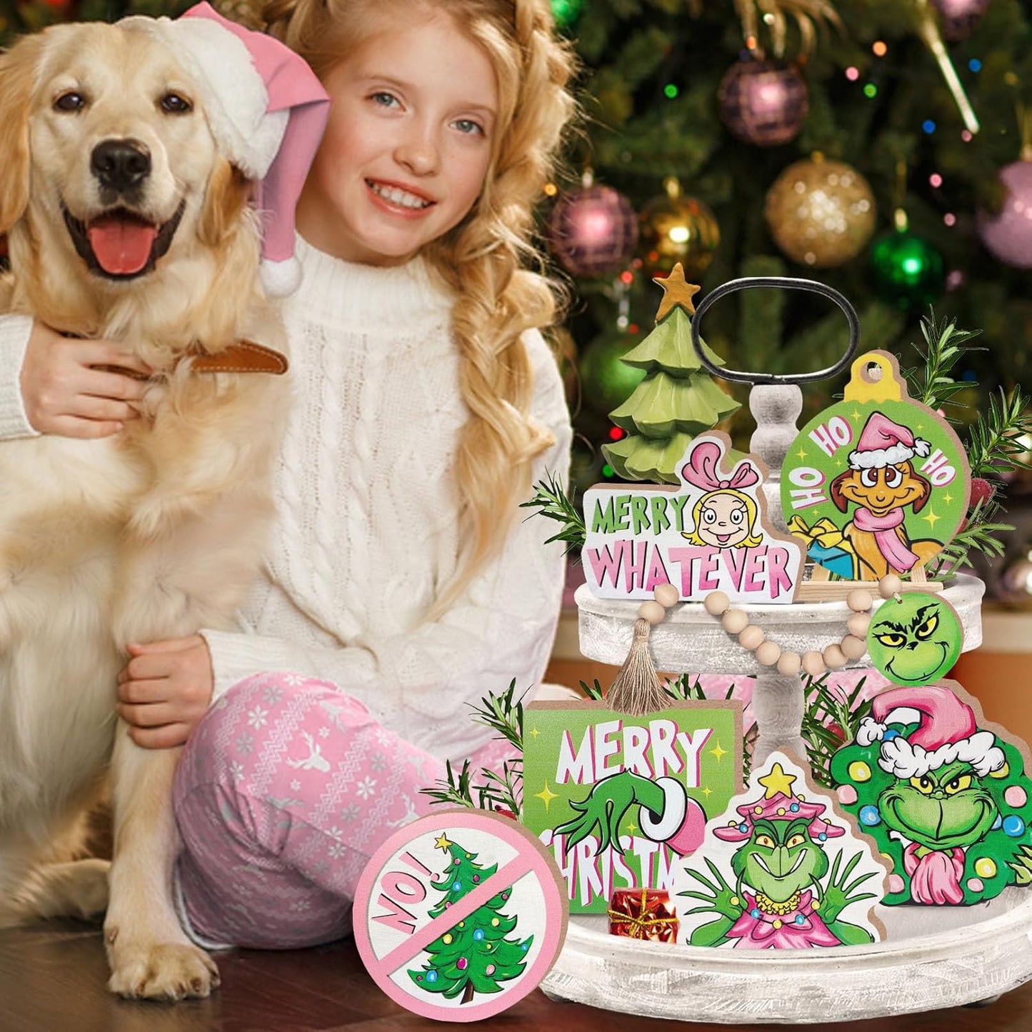 Merry Christmas Tiered Tray Decor, Pink Xmas Tree Tray Decorations Set, Max Dog Hohoho Merry Whatever Girl Winter Wooden Signs, Funny Holiday Farmhouse Rustic Home Decor for Table Shelf Party