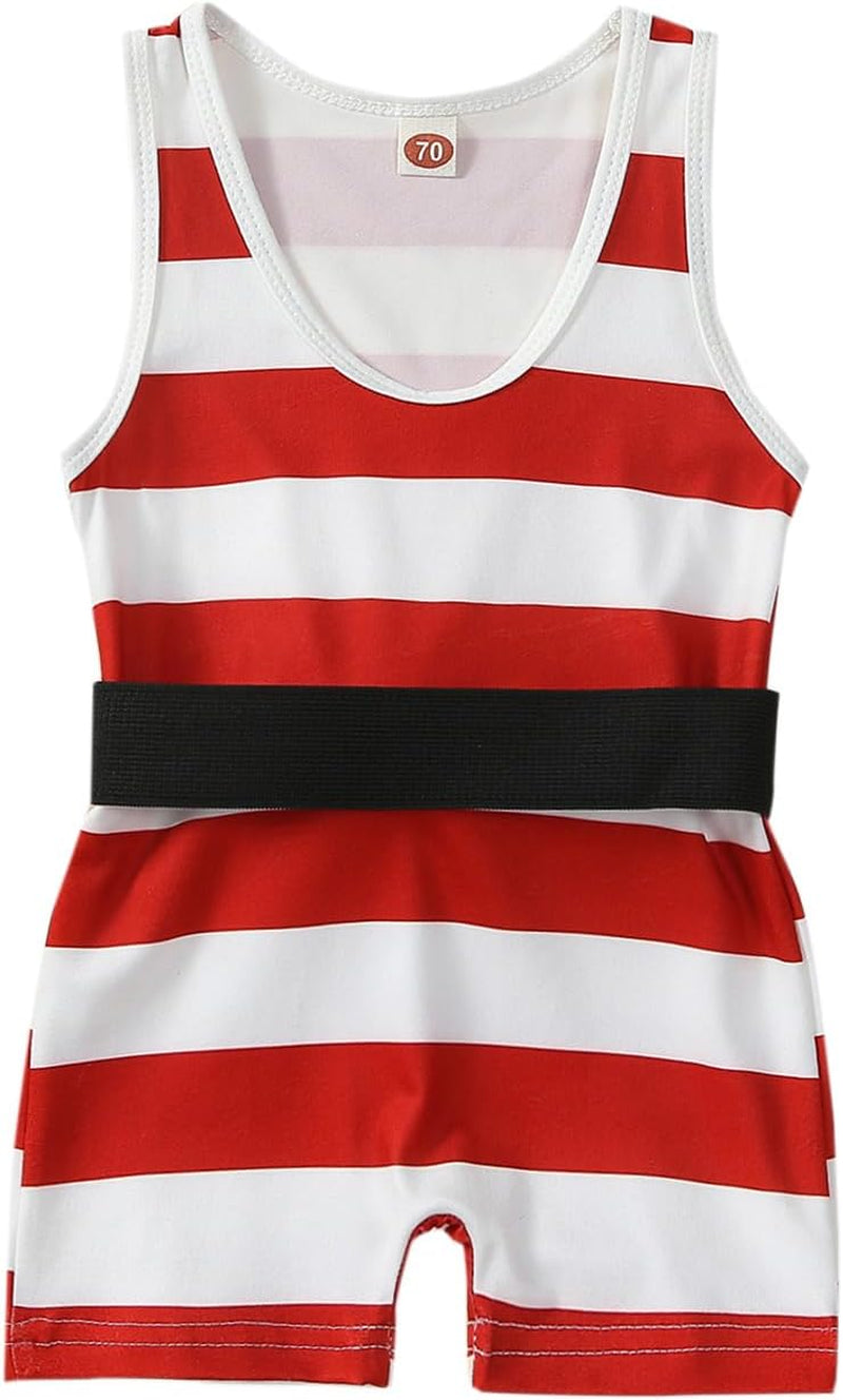 Strong Man Toddler Costume, Red Stripes Sleeveless U Neck Romper Short Jumpsuit with Belt, Halloween Cosplay Costume