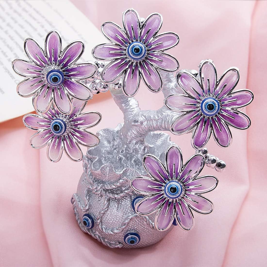 Turkish Blue Evil Eye Pink Flowers Money Fortune Tree with Lucky Bag Vase Protection Good Luck Gift