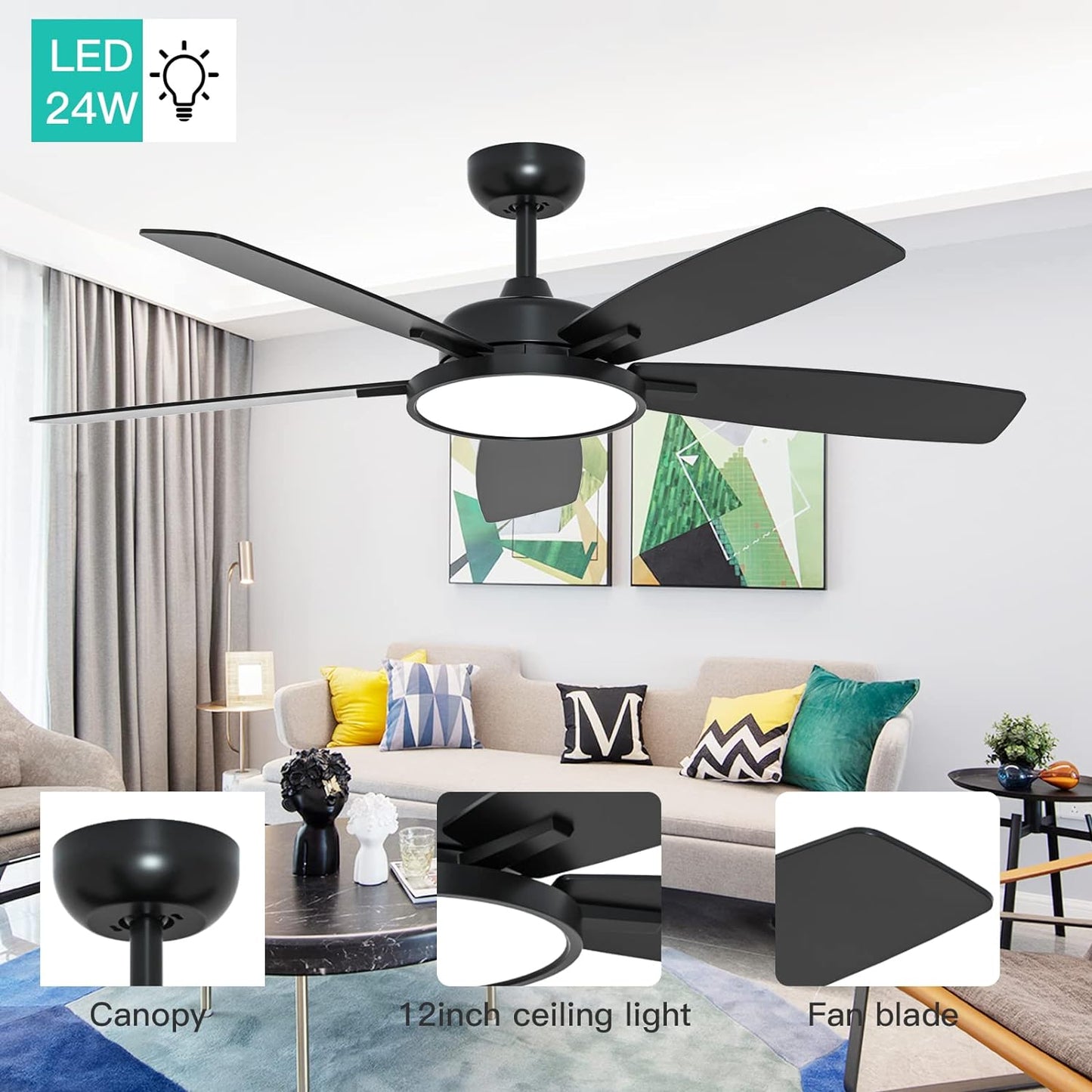 52 Inch Smart Ceiling Fan with Light,Ultra Silent Reversible DC Motor Fan Remote Control Compatible with Alexa Google Home(Black)