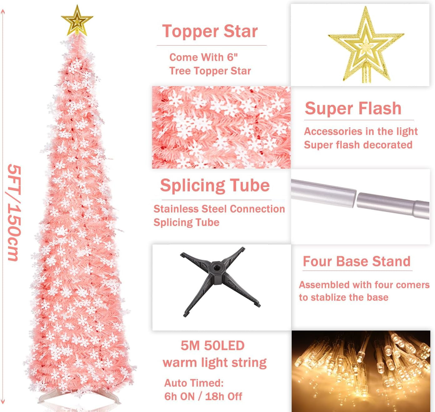 5 FT Pop up Christmas Tree with Timer Lights - Pink Tinsel Christmas Tree with Snowflake, Collapsible Artificial Pencil Tree Xmas Decoration for Home, Office, Party, Easy Assembly