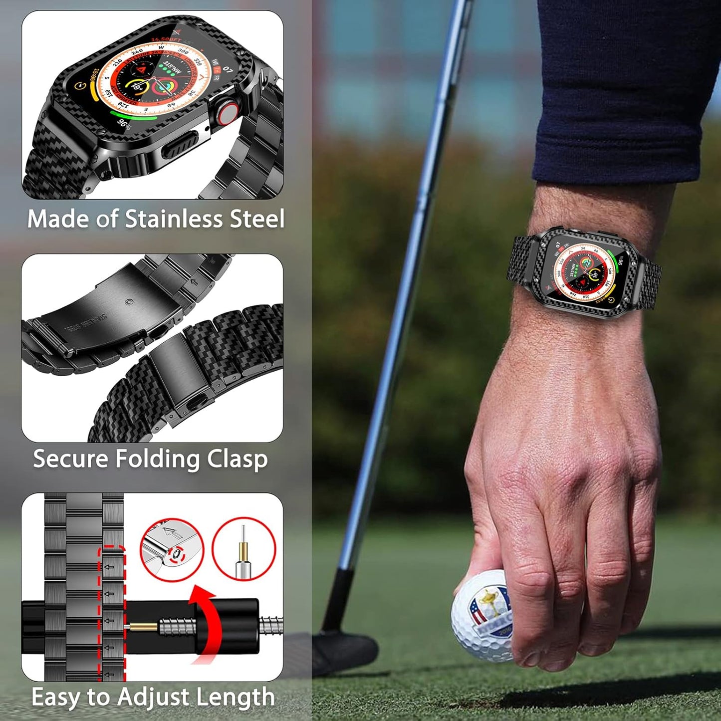 Stainless Steel Band and Case Compatible with Apple Watch Band 41Mm 40Mm 38Mm, Men Metal Protective Bumper Cover for Iwatch Series SE 9/8/7/6/5/4/3/2/1, Black Pattern