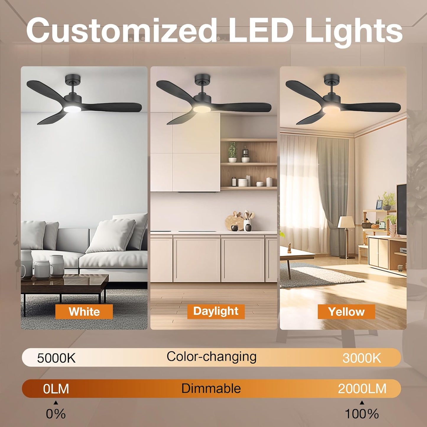 52” Wood Smart Ceiling Fans with Lights Remote,Quiet DC Motor,Outdoor Indoor Ceiling Fan,Voice Control via WIFI Alexa App,Dimmable,Modern Black Ceiling Fan for Bedroom Patio Porch