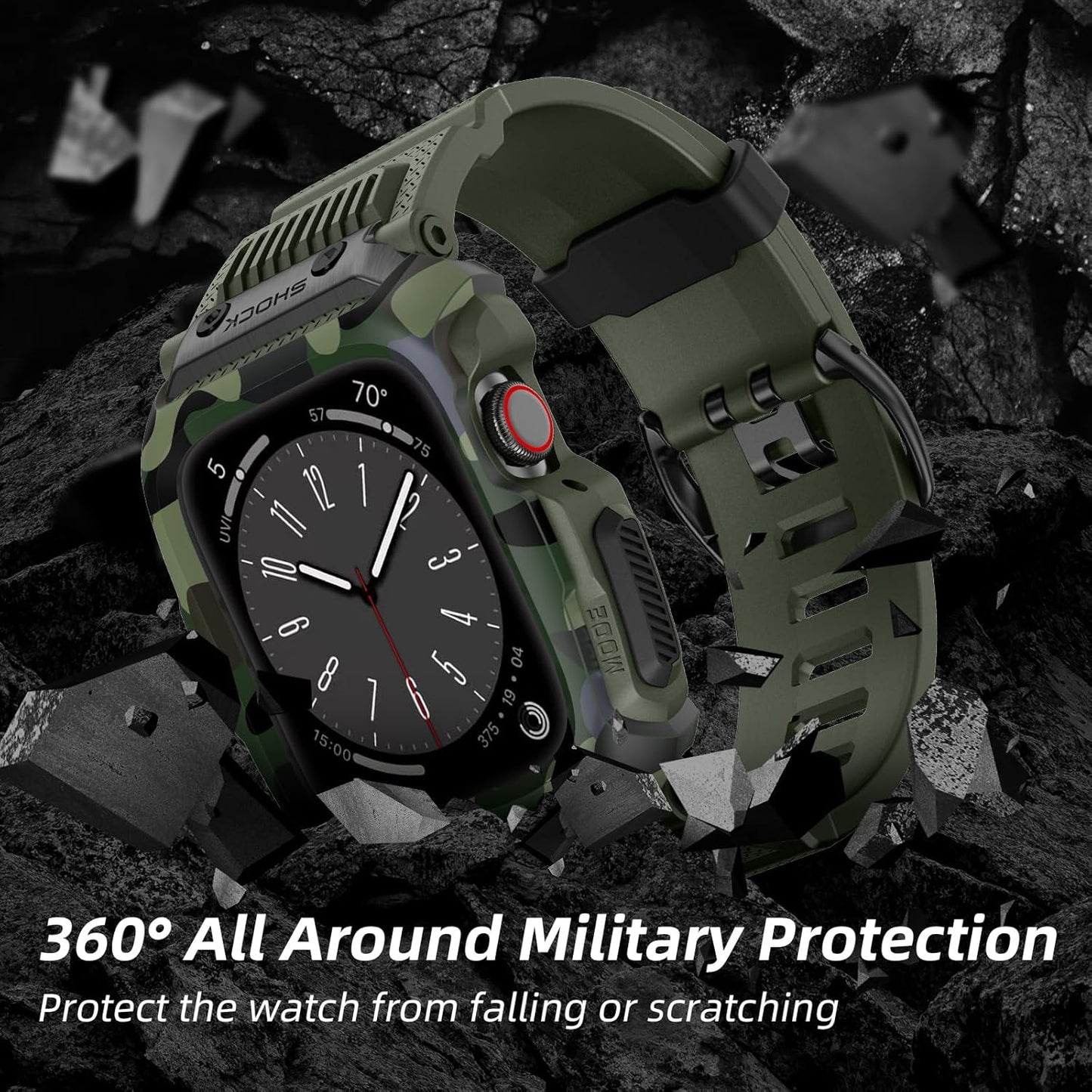 Compatible for Apple Watch Band 45Mm 44Mm 42Mm with Case,Men Rugged Sport Military TPU with Metal Pieces Strap with Bumper Cover for Iwatch Series 9/8/7/6/SE/5/4/3/2/1