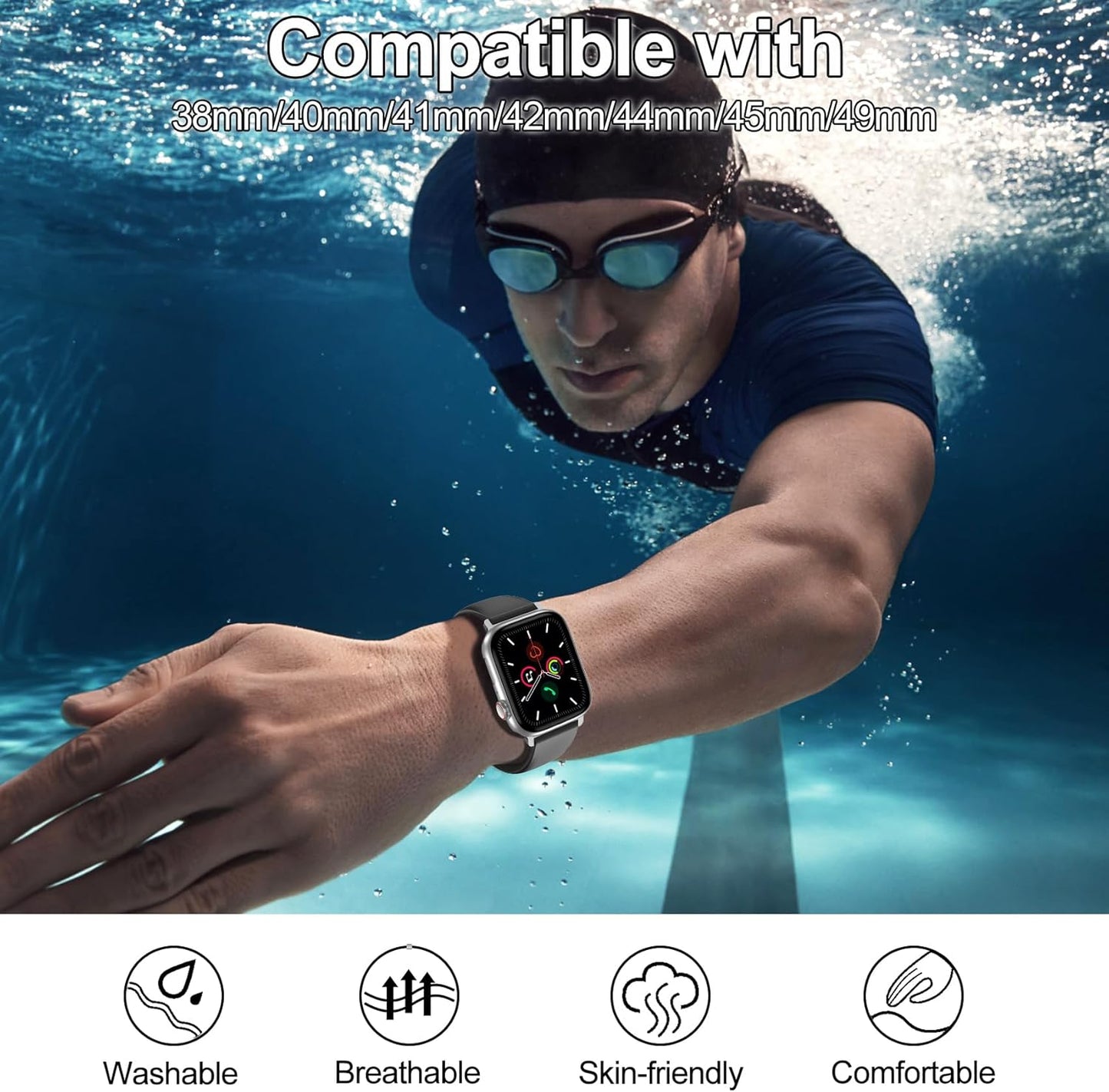 Sport Silicone Band Compatible with Apple Watch Bands for Women Men 38Mm 40Mm 41Mm 42Mm 44Mm 45Mm 49Mm, Soft Wristband Waterproof Replacement Strap for Iwatch Bands Series 9 Ultra 8 7 6 5 4 3 2 1 SE