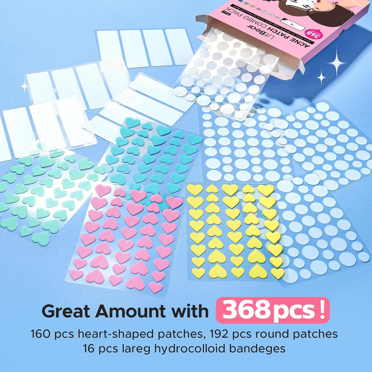 3 in 1 Acne Patch for Face, 7 Sizes 368 Patches Hydrocolloid Acne Patches for Chin, Forehead, Nose, 16 XL Pimple Patches Large for Body, Heart-Shaped Acne Cover Zit Patches Acne Dots Sticker