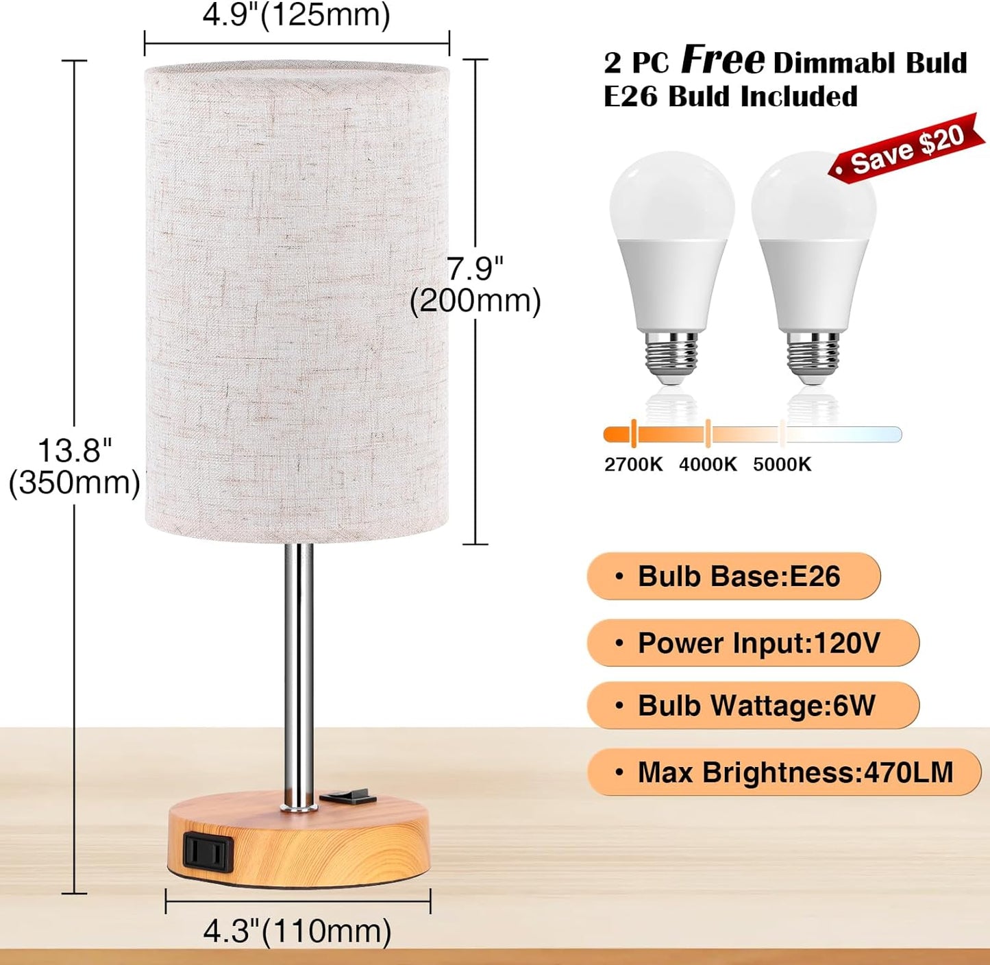 Table Lamp for Bedroom Set of 2, Bedside Small Lamps with 3 Way Dimmable Rocker Switch & AC Outlet, Nightstand Desk Lamp with Flaxen Fabric Shade Woodgrain Base for Living Room Home Decor Lights