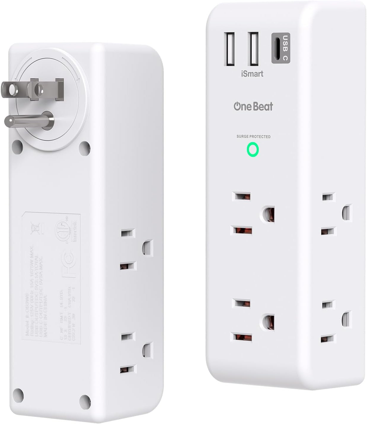 Surge Protector Outlet Extender - with Rotating Plug, 6 AC Multi Plug Outlet with 3 USB Ports (1 USB C), 1800J Wall Charger, 3-Sided Power Strip with Spaced Outlet Splitter for Home, Office, Travel