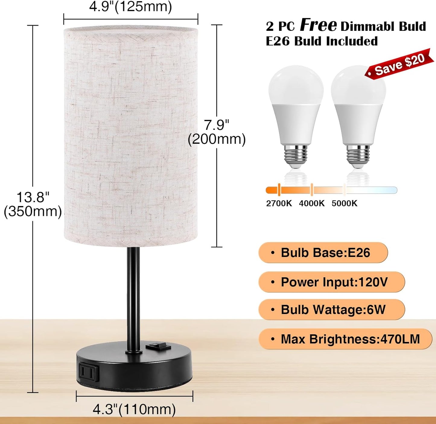 Table Lamp for Bedroom Set of 2, Bedside Small Lamps with 3 Way Dimmable Rocker Switch and AC Outlet, Nightstand Desk Lamp with Flaxen Fabric Shade Black Base for Living Room Home Decor Lights