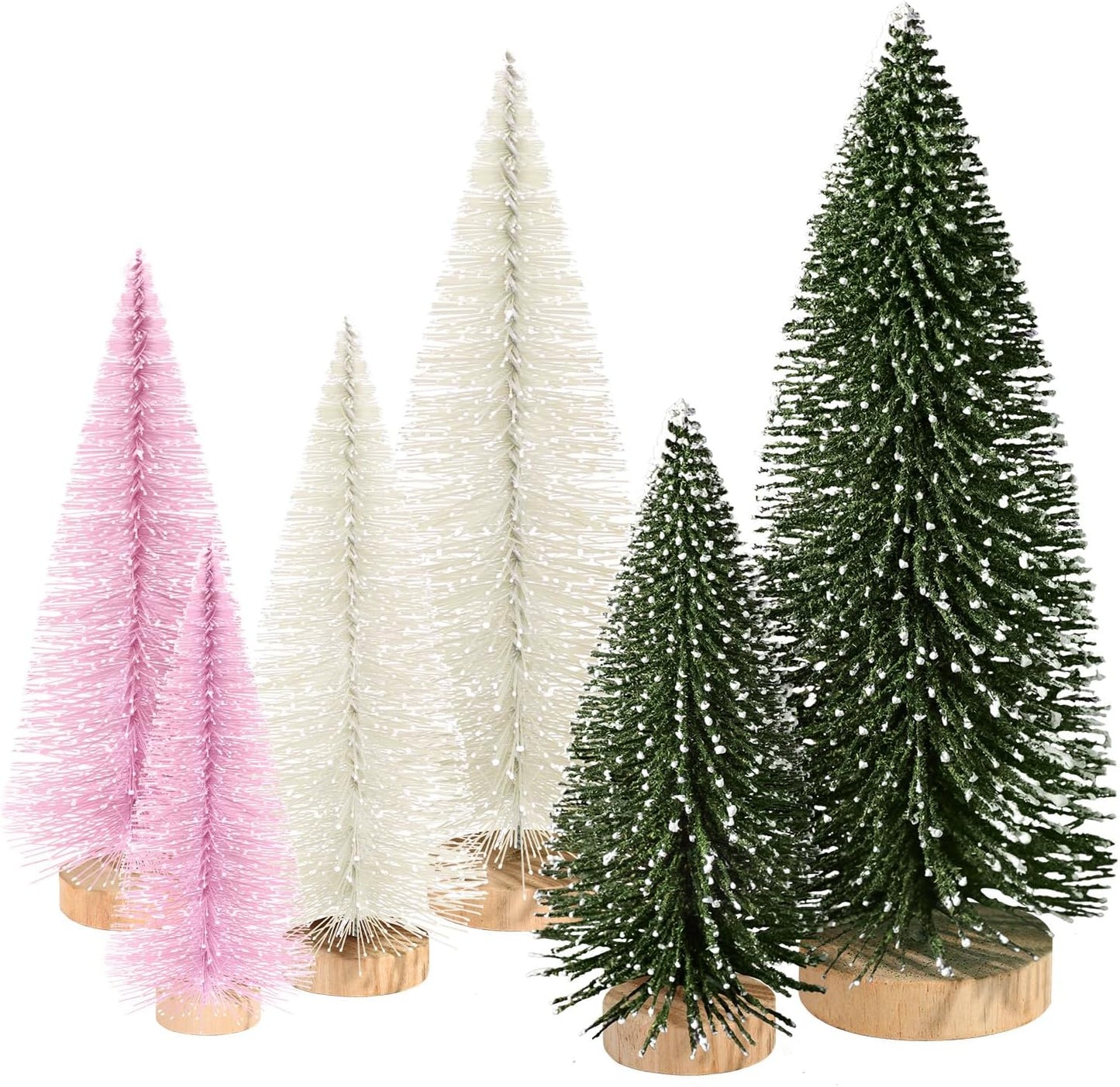 6Pcs Mini Christmas Trees Christmas Decor, Artificial Christmas Mini Bottle Brush Trees Tabletop, Christmas Decoration Trees with 4 Size Xmas Holiday Decor (6Pcs Green+Pink+Beige)