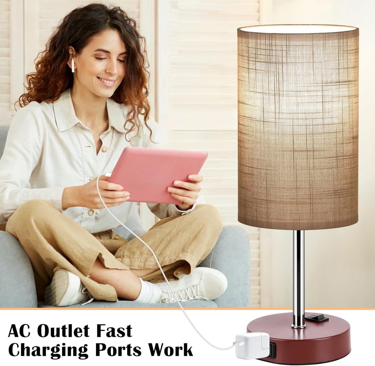 Table Lamp for Bedroom Set of 2, Bedside Small Lamps with 3 Way Dimmable Rocker Switch and AC Outlet, Nightstand Desk Lamp with Gray Fabric Shade Brown Base for Living Room Home Decor Lights