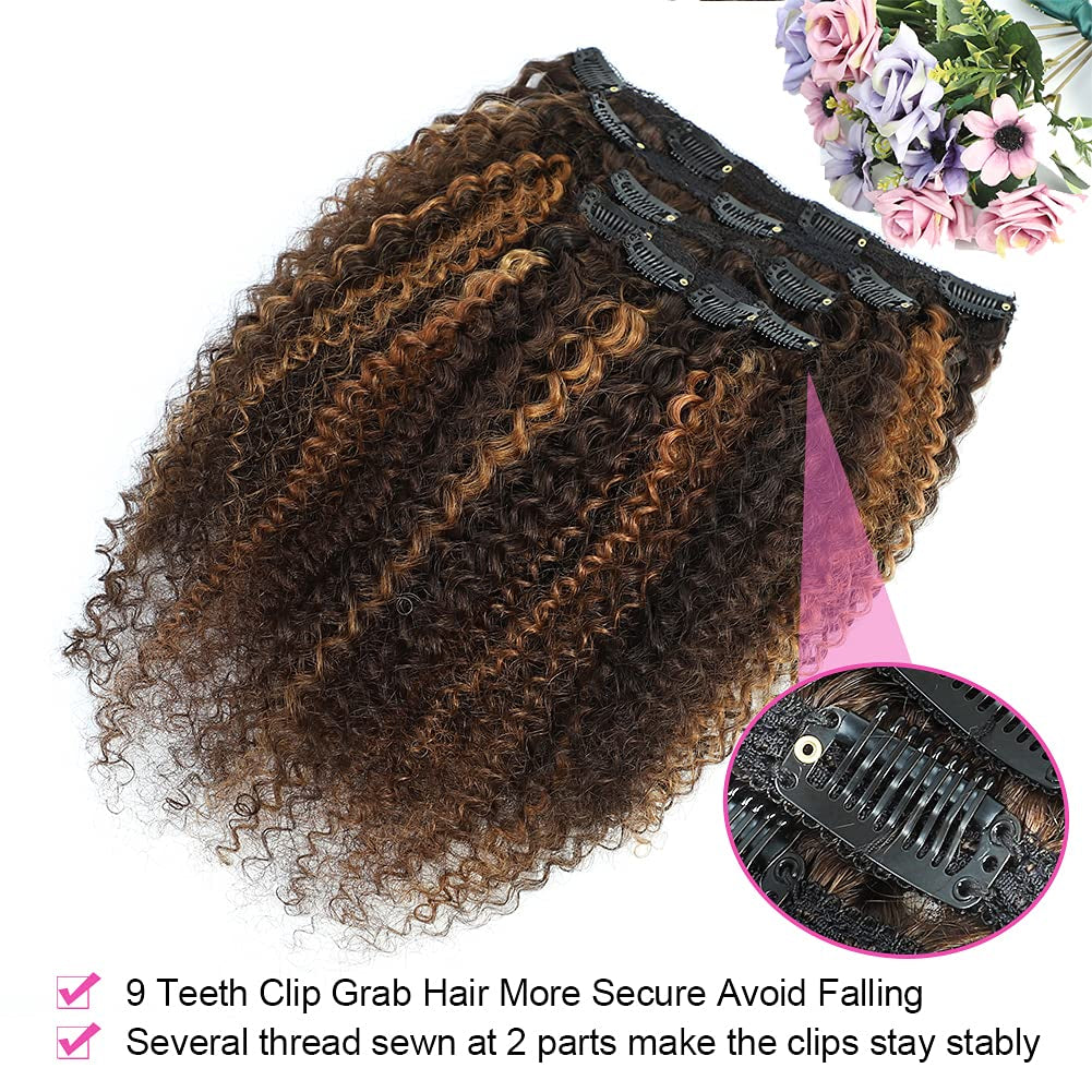 4/30 Kinky Curly 10 Inch 3C 4A Clip in Hair Extensions for Black Women Chocolate Brown Mix Medium Auburn Curly Hair Extensions Clip Ins 10Pcs/Set Full Head 10A Grade