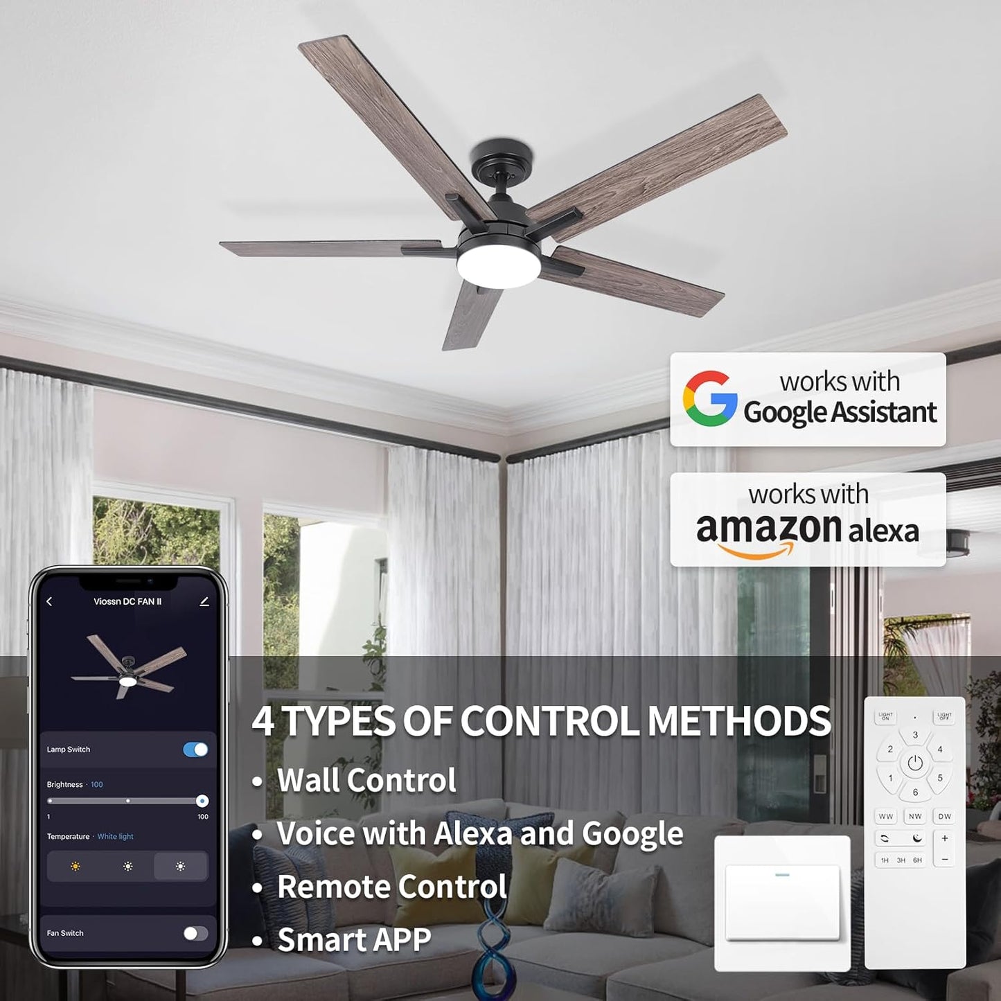 52 Inch Ceiling Fan, Smart Ceiling Fan with Remote/App, Black Ceiling Fan with 6-Speeds Reversible Motor, Alexa Ceiling Fan with 5 Two-Sided Blades Dimmable Noiseless for Indoor Bedroom/Outdoor