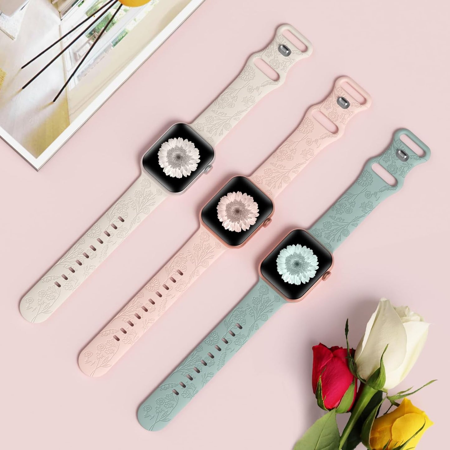 Flower Engraved Silicone Band Compatible with Apple Watch Band 38Mm 40Mm 41Mm 42Mm 44Mm 45Mm 46Mm 49Mm, Women Soft Floral Strap Sport Wristbands for Iwatch Series 10/9/8/7/6/5/4/3/2/1/Se/Ultra