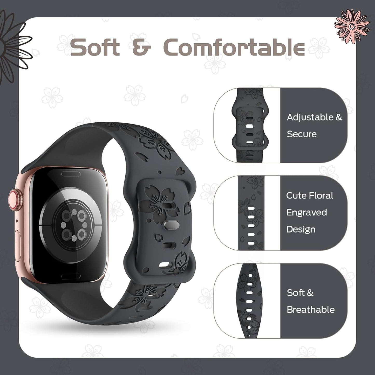 Designer Floral Engraved Band Compatible with Apple Watch Bands 40Mm 38Mm 41Mm 42/45/49Mm,Two-Tone Flower Soft Silicone Sport Strap for Iwatch Series 9 Ultra SE 8 7 6 5 4 3 2 Coal Grey
