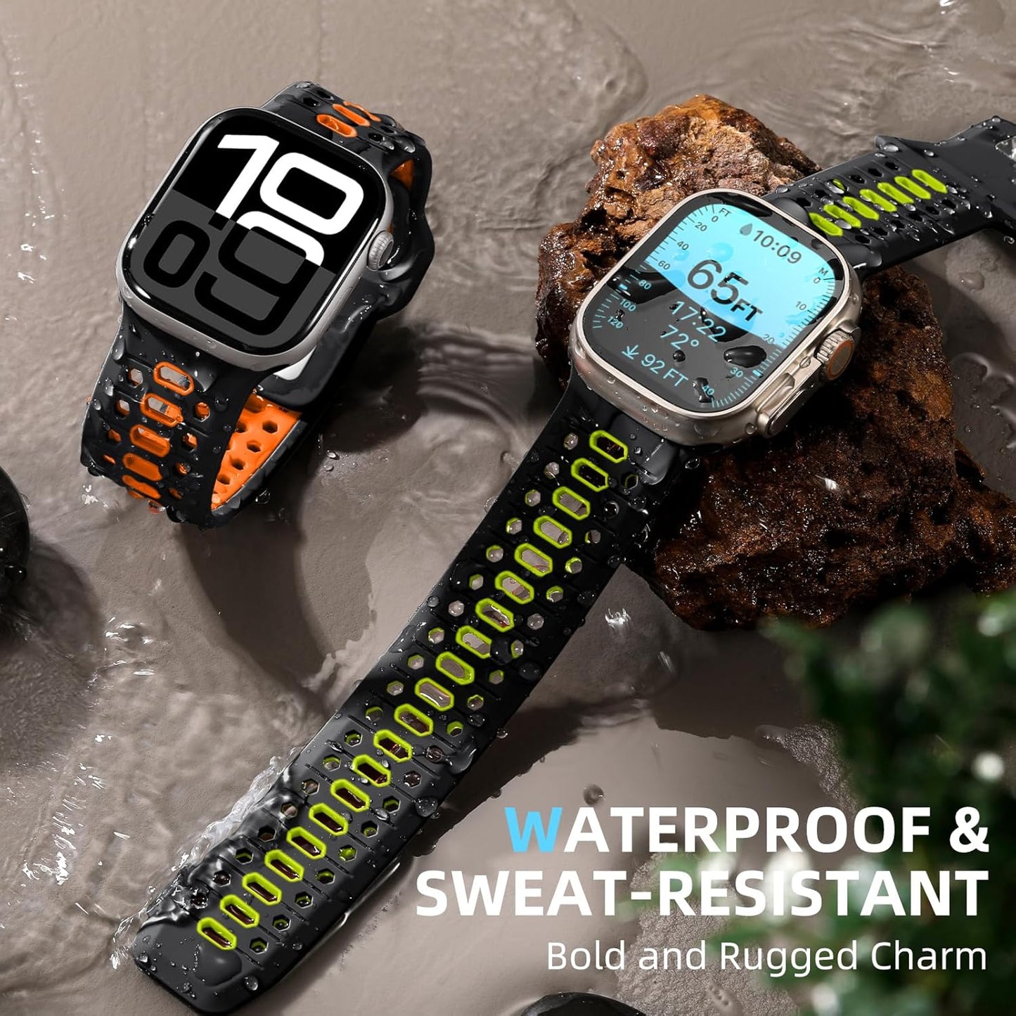 Black & Green 26MM Width Breathable Silicone Sport Band Compatible with 49Mm Apple Watch Ultra 2/1, 46Mm Series 10, 45Mm Series 9 8 7, 44Mm Series 6 5 4 SE 2/1, 42Mm Series 3 2 1