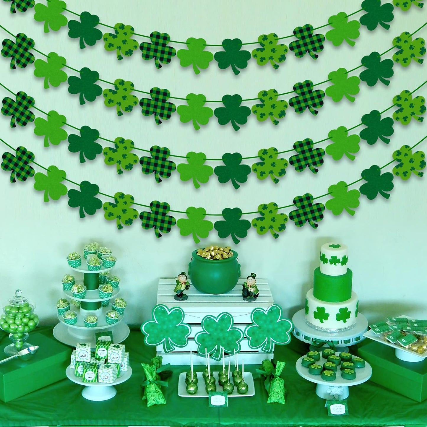 4PCS Felt Shamrock Clover Garland Banner - NO DIY, St. Patrick'S Day Decorations - Buffalo Plaid Dark Green Light Green Happy St. Patrick'S Day Banner for Home Mantel Office Irish Day Party Supplies