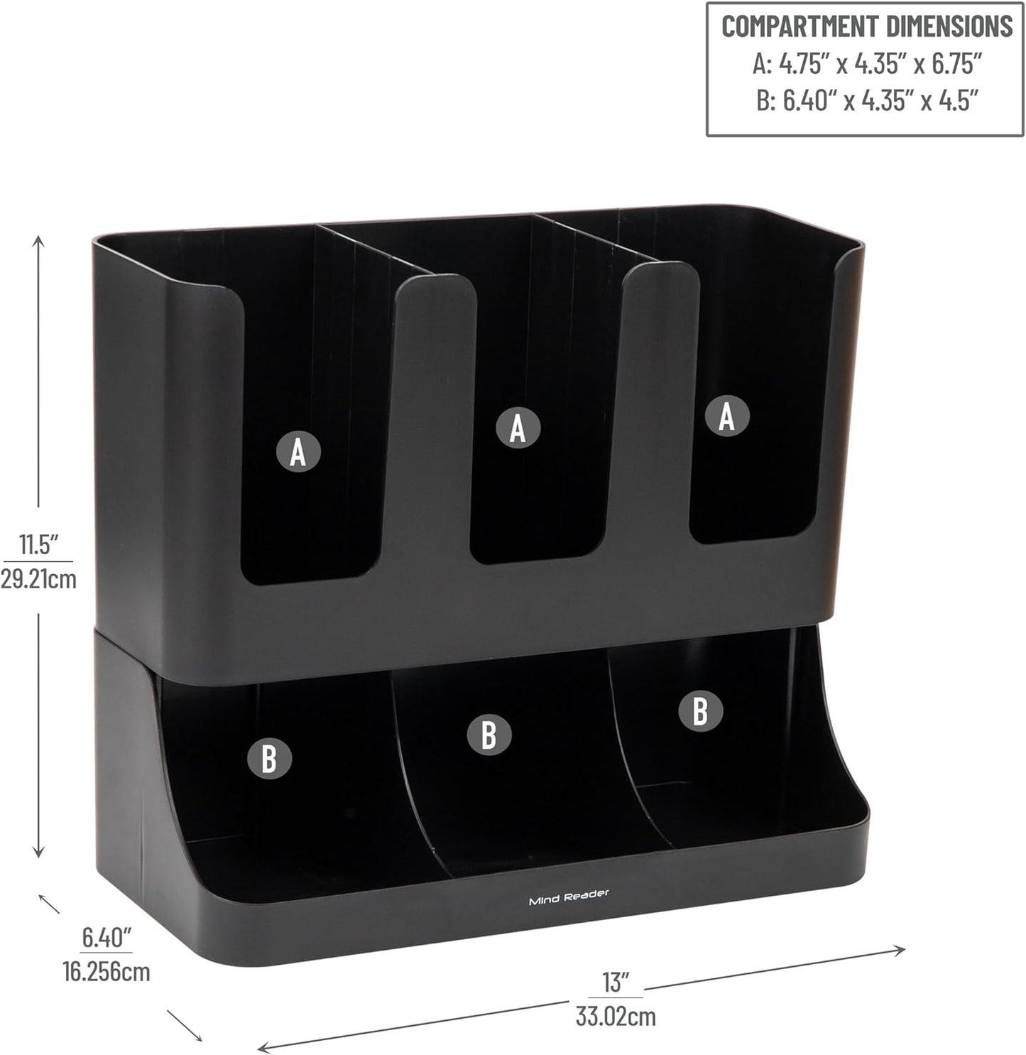 6 Compartment Upright Breakroom Coffee Condiment and Cup Storage Organizer, Black