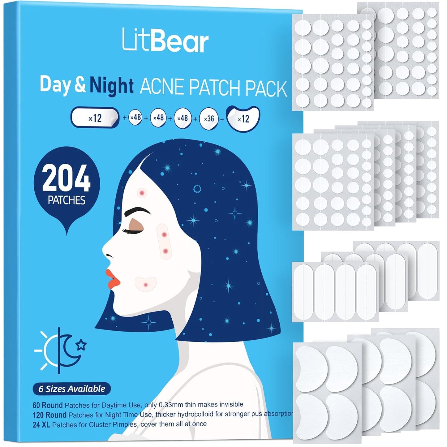 Acne Pimple Patches- Day and Night 4 Sizes 180 Dots Thin & Thick Hydrocolloid Patches with Witch Hazel, Tea Tree & Calendula Oil, Extra Adhesion for Face Zit Patch Dots
