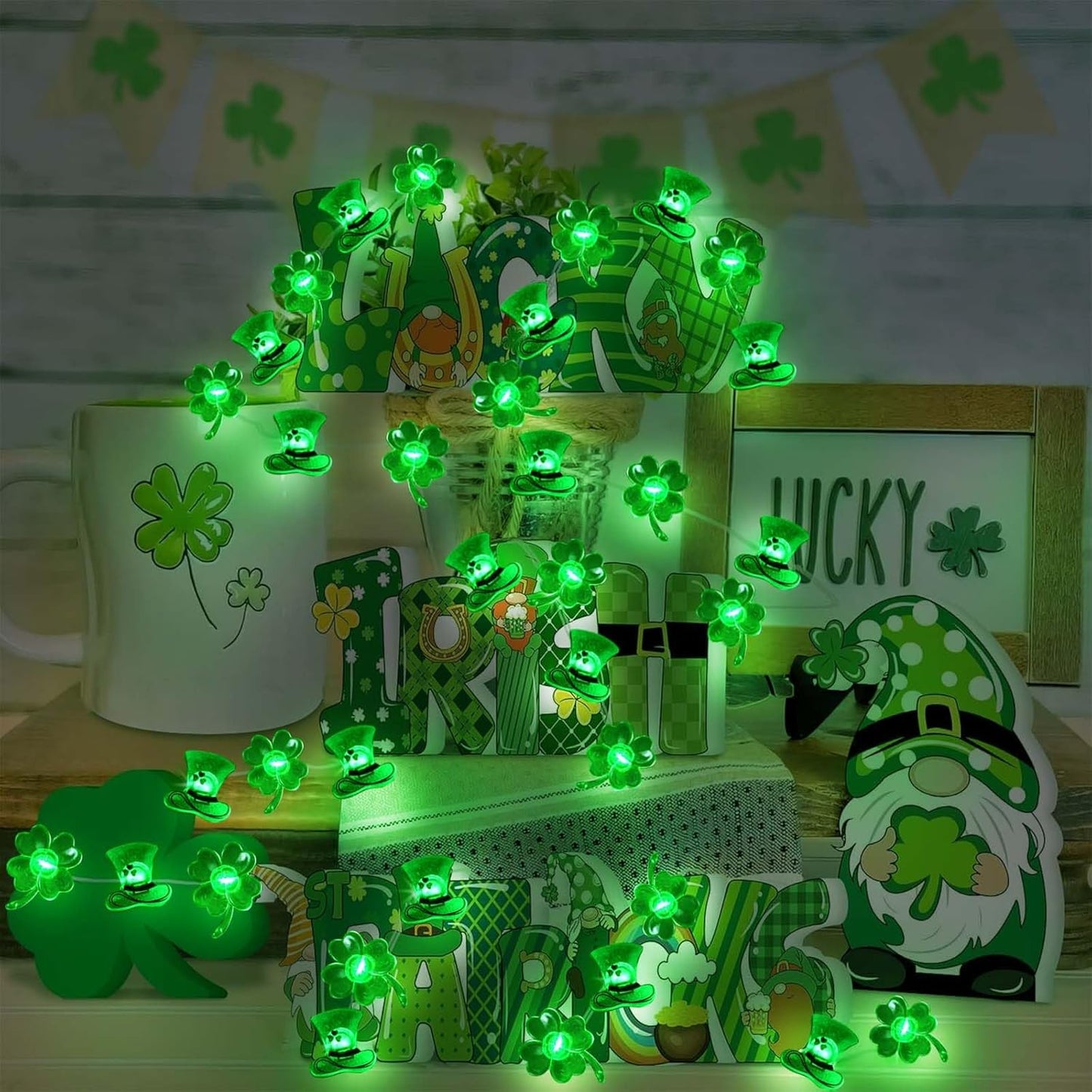 50LED Shamrocks Leprechaun Hat Lights for St Patricks Day Decorations, Battery Operated Green Lucky Clover Fairy String Lights for St Patricks Home Garden Indoor Outdoor Irish Decor (8 Modes)