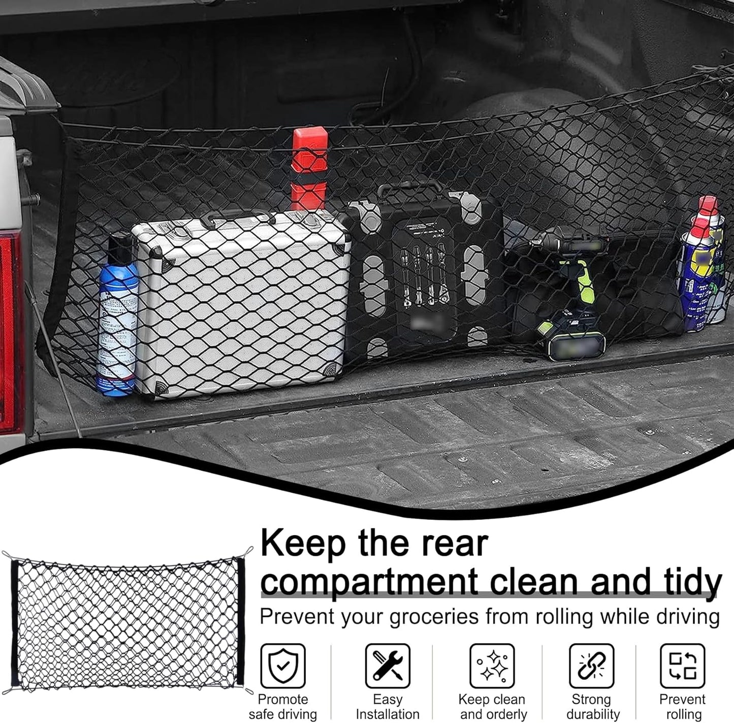 Truck Bed Cargo Net Stretchable, Adjustable Trunk Storage Net with Hook, Accessories for Pickup Bed Divider Organizer and Storage, Compatible with Chevy Silverado Ford F150 GMC (50"X 18")