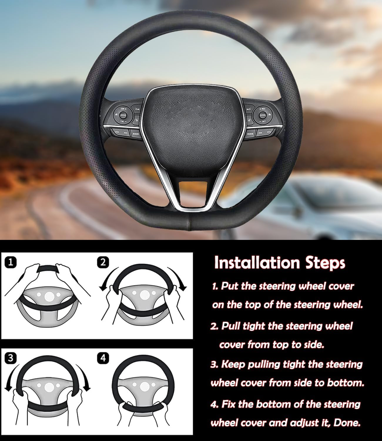 D-Shaped Car Steering Wheel Cover for Tesla Model Y Model 3 Plaid/Long Range 5/6/7 Seater Interior Accessories 2016-2020 2021 2022 2023 2024, Black Premium Leather (14-14 1/4 Inches)