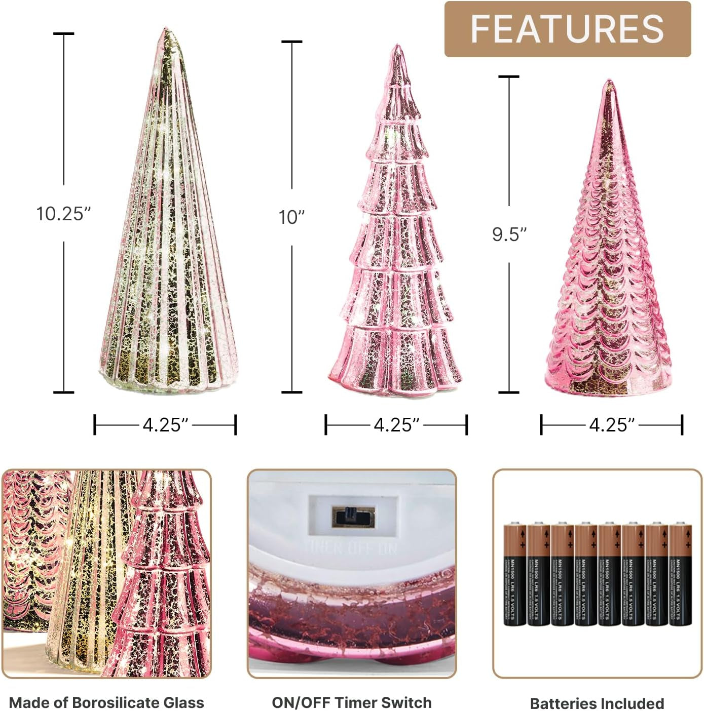 Table Top Christmas Tree Decorations with Fairy Lights, Set of 3 Assorted Trees, 10 Inch Tall, Pink Mercury Glass Finish, Batteries Included, Holiday Table Centerpiece and Mantle Decor