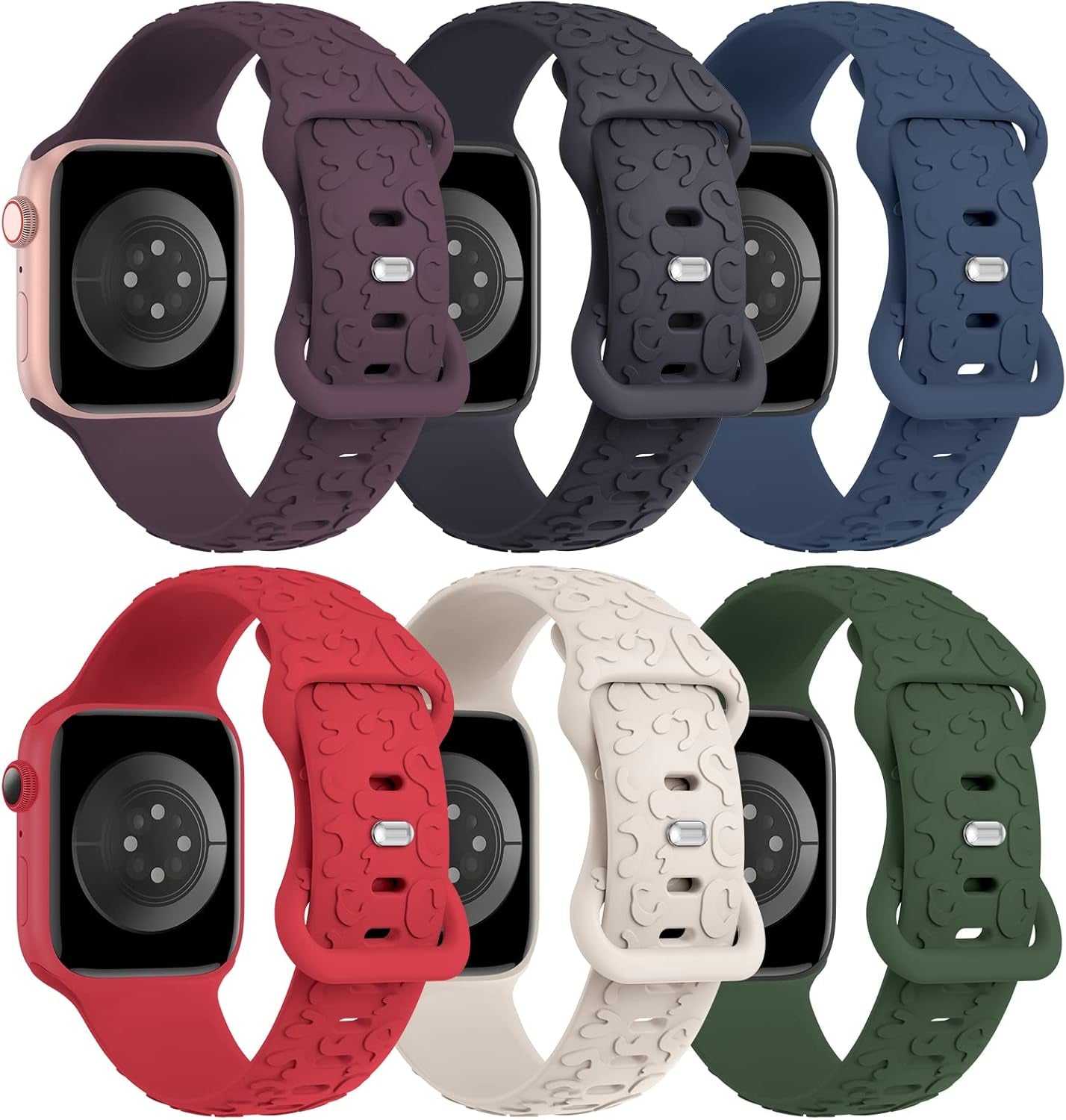 6 Pack Raised Leopard Engraved Pattern Silicone Bands Compatible with 38Mm 40Mm 41Mm 42Mm 44Mm 45Mm 49Mm, Replacement Sport Strap Wristbands for Iwatch Series Ultra 8/7/6/5/4/3/2/1 SE Women Men