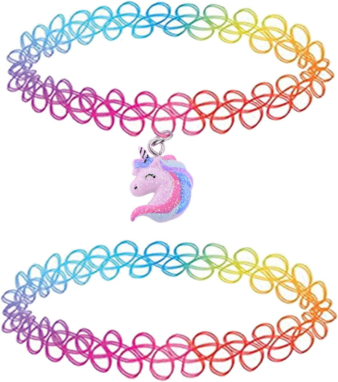 2PC Tattoo Choker Necklace - 90S Choker Necklace Women - 2000S Y2K Black Chokers Rainbow Choker - Butterfly Ying Yang Unicorn Rainbow Charms - Stretchy Elastic Necklace