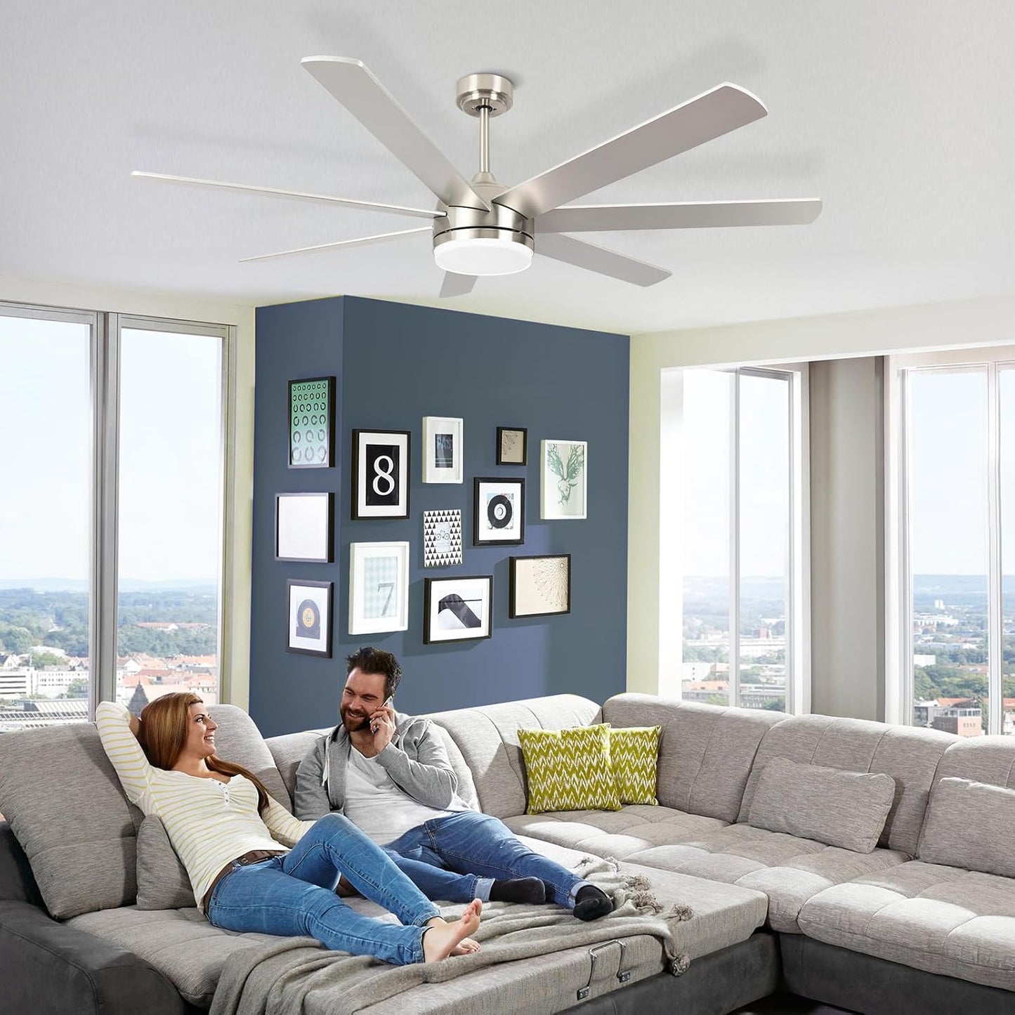 62 Inch Ceiling Fan with Lights, Outdoor Ceiling Fan with Light 7 Reversible Blades,Dimmable, Modern Nickel Ceiling Fan with 6" and 12" Downrods for Bedroom Living Room Patio