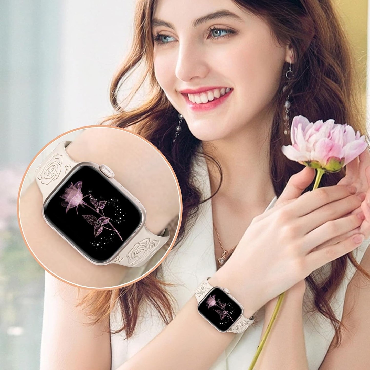 Designer Floral Engraved Bands Compatible with Apple Watch Bands for Women 40Mm 41Mm 38Mm, Cute Soft Silicone Rose Iwatch Bands for Apple Watch Series 9 Band SE 8 7 6 5 4 3 2 1-Starlight