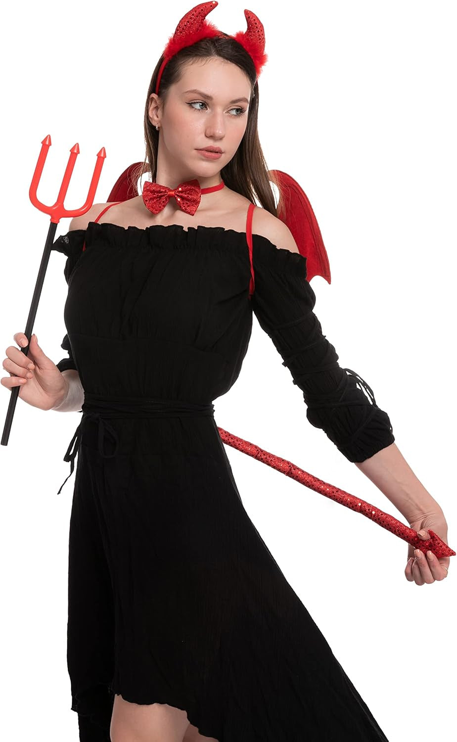 5 Pieces Halloween Devil Costume Set with Red Devil Wings, Devil Pitchfork, Bow Tie, Sequin Devil Horn Headband, and Devil Tail Demon Costume Accessories for Cosplay Party