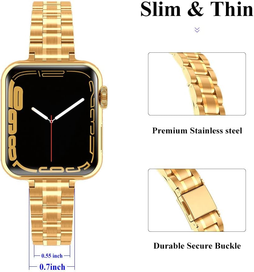 Metal Band Compatible with Apple Watch Band 38Mm 40Mm 41Mm 42Mm 44Mm 45Mm for Women, Slim and Thin Stainless Steel Replacement Adjustable Wristband for Iwatch Series 9/8/7/6/5/4/3/2/1/SE