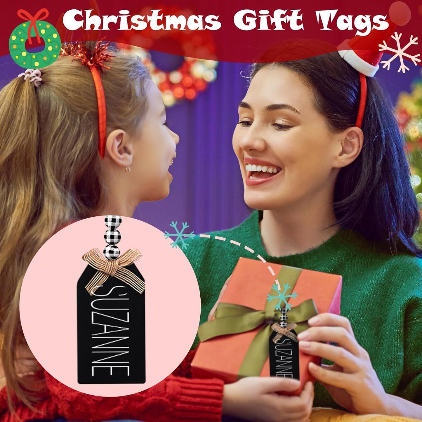 12 Set Christmas Stocking Name Tags Farmhouse Christmas Ornaments Hanging DIY Unfinished Personalized Blank Bead Wooden Xmas Gift Tags for Christmas Decorations(4.5 X 2.6'',Black and White)